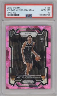 Victor Wembanyama from the 2023-24 Panini Prizm set featuring a Pink Ice parallel graded by PSA and given an overall grade of 10.