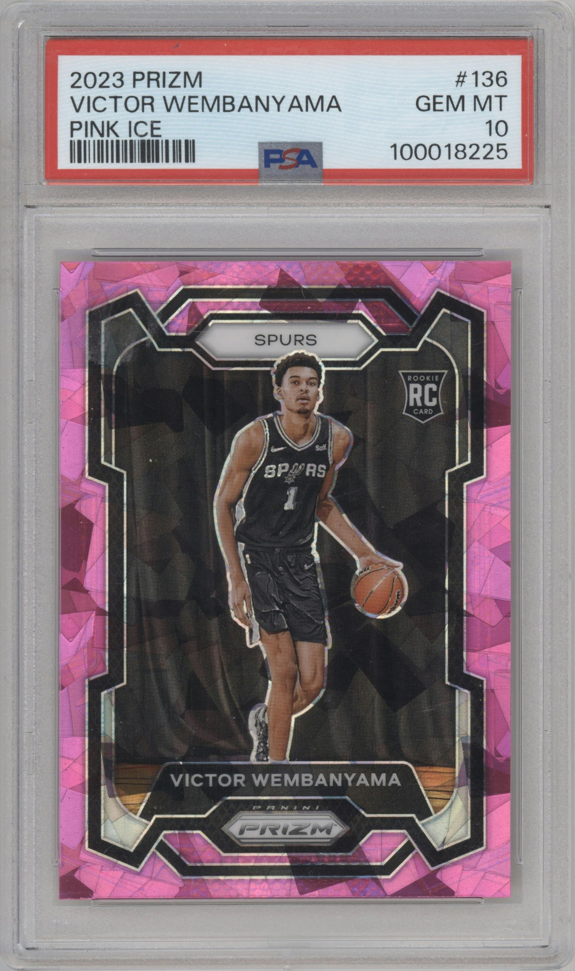 Victor Wembanyama from the 2023-24 Panini Prizm set featuring a Pink Ice parallel graded by PSA and given an overall grade of 10.
