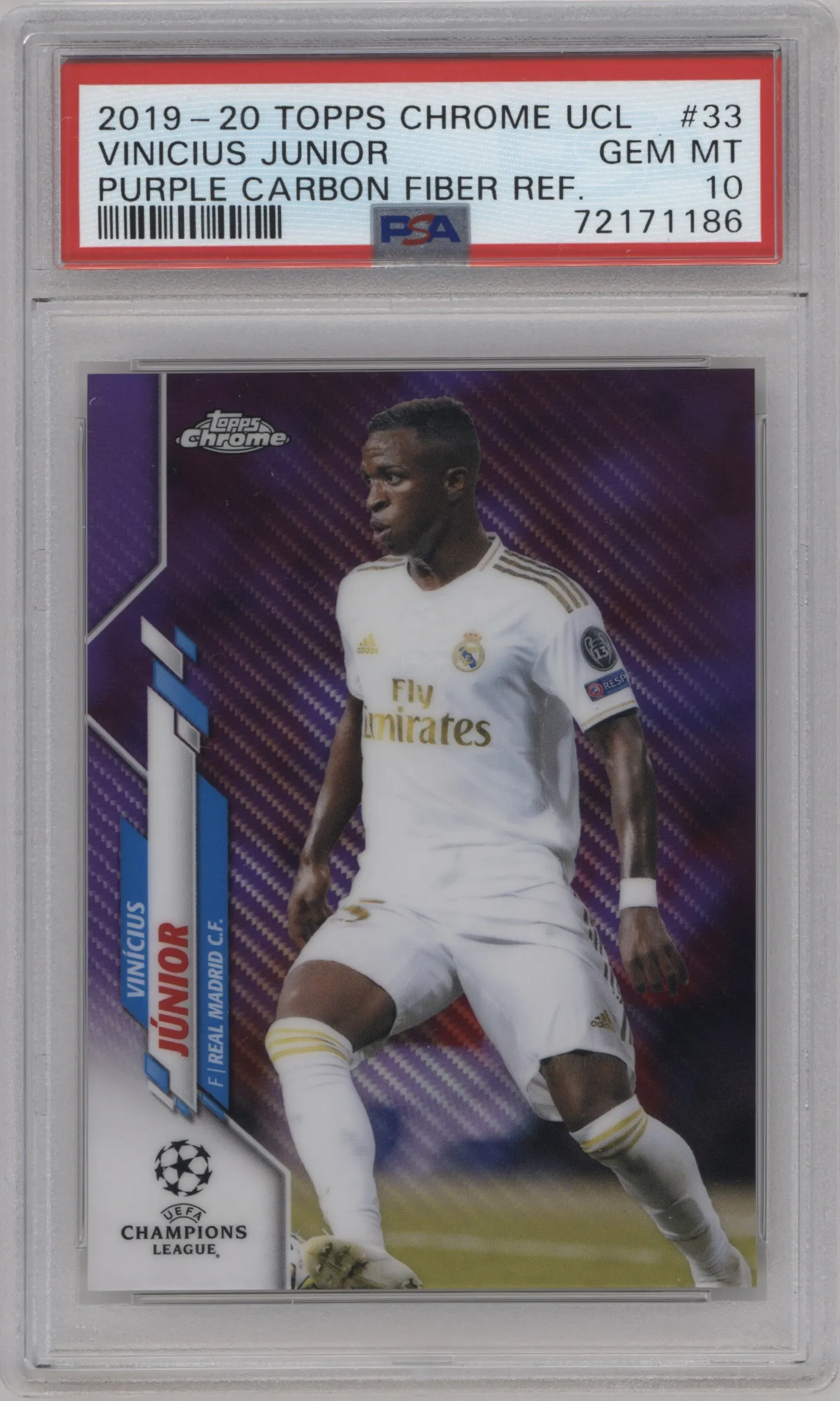 2019 Topps Chrome UEFA Champions League Vinicius Junior Purple Carbon Fiber Refractor #33 PSA 10