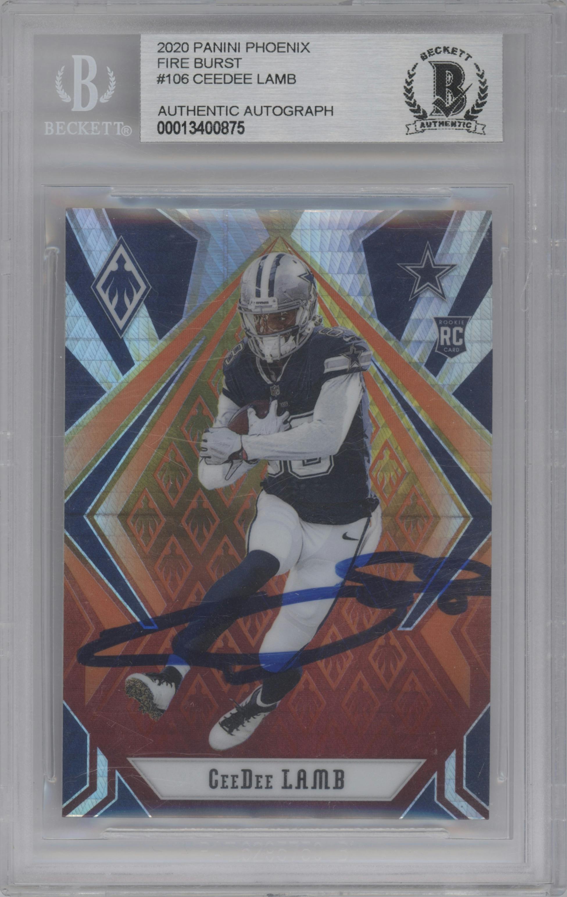 CeeDee Lamb from the 2020 Panini Phoenix set featuring a Fire Burst parallel graded by Beckett.