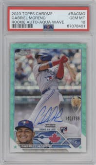 Gabriel Moreno from the 2023 Topps Chrome set featuring a Aqua Wave Refractor parallel graded by PSA and given an overall grade of 10.