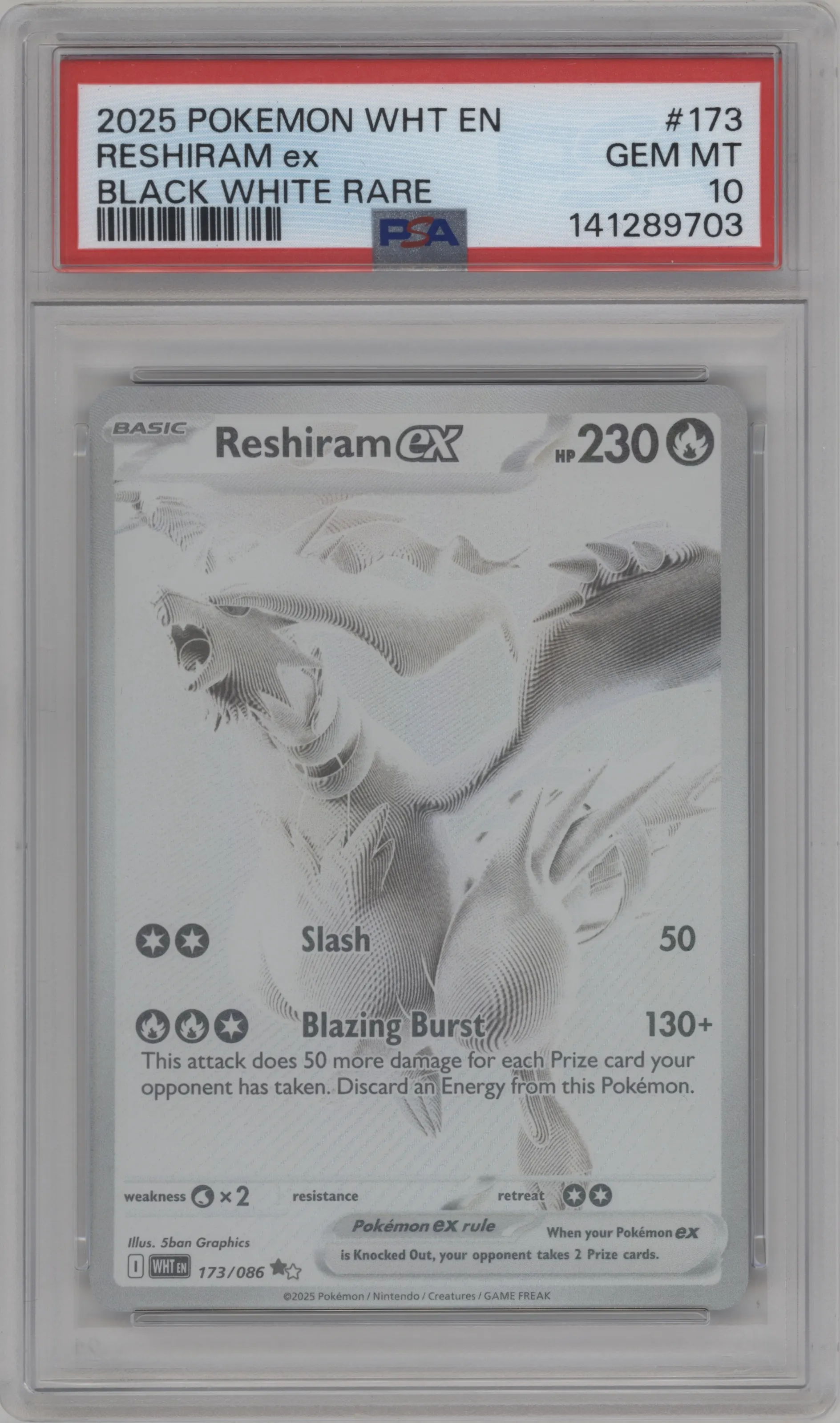 Reshiram ex from the 2025 Pokemon SV set featuring a Black White Rare parallel graded by PSA and given an overall grade of 10.