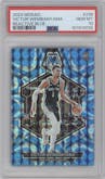 Victor Wembanyama from the 2023-24 Panini Mosaic set featuring a Reactive Blue parallel graded by PSA and given an overall grade of 10.