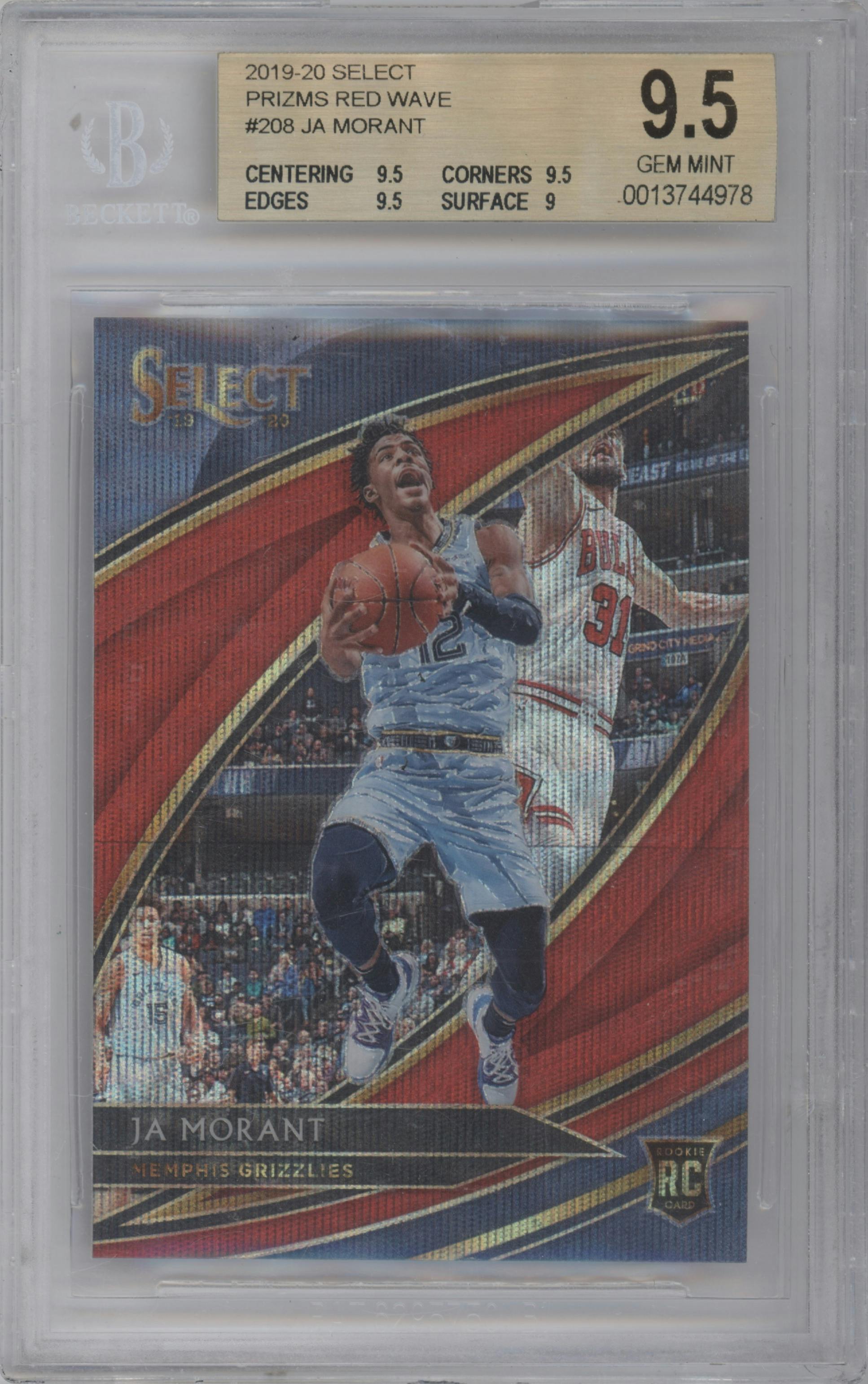 Ja Morant from the 2019-20 Panini Select set featuring a Red Wave parallel graded by Beckett and given an overall grade of 9.5.