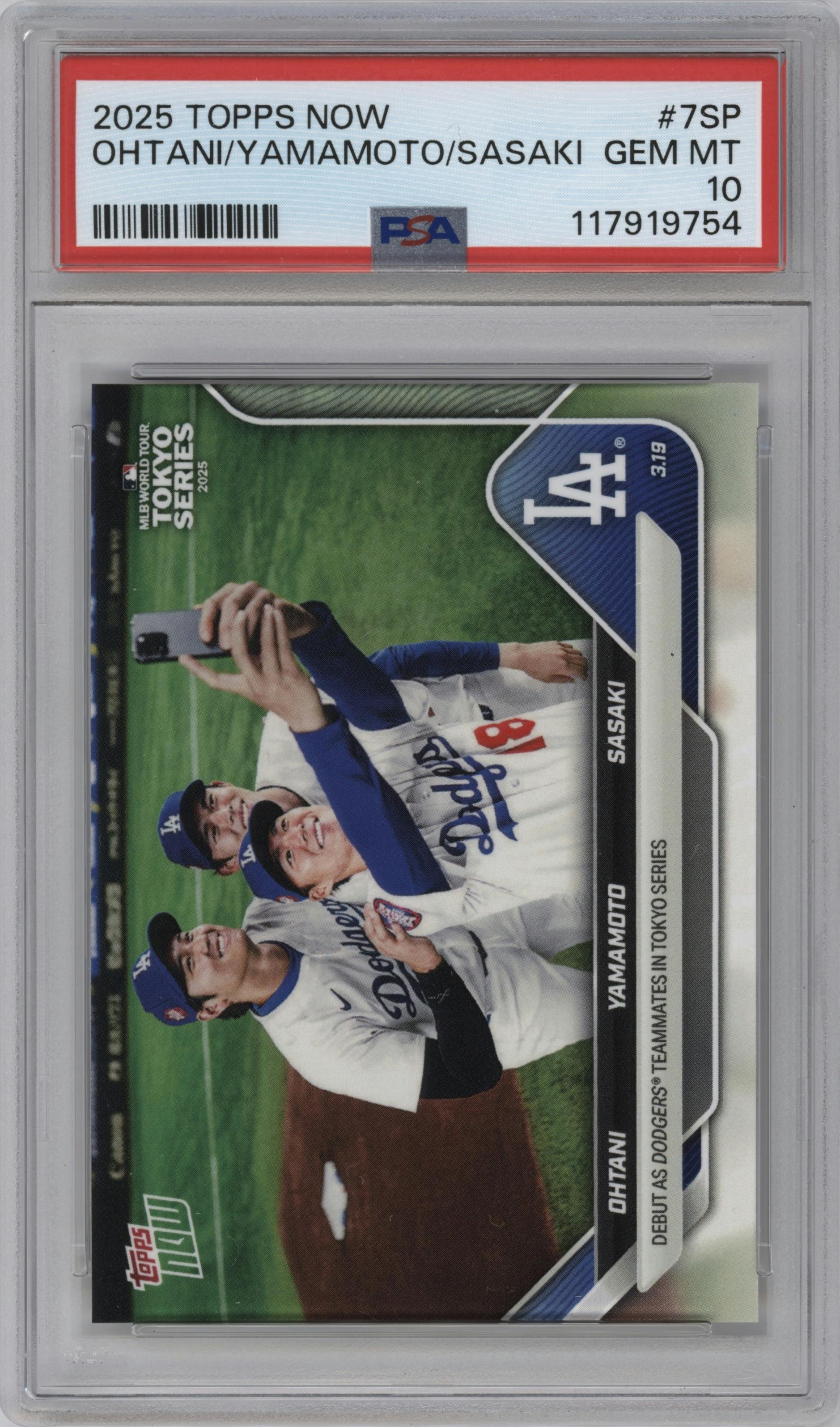 Shohei Ohtani / Yoshinobu Yamamoto / Roki Sasaki from the 2025 Topps Now set graded by PSA and given an overall grade of 10.