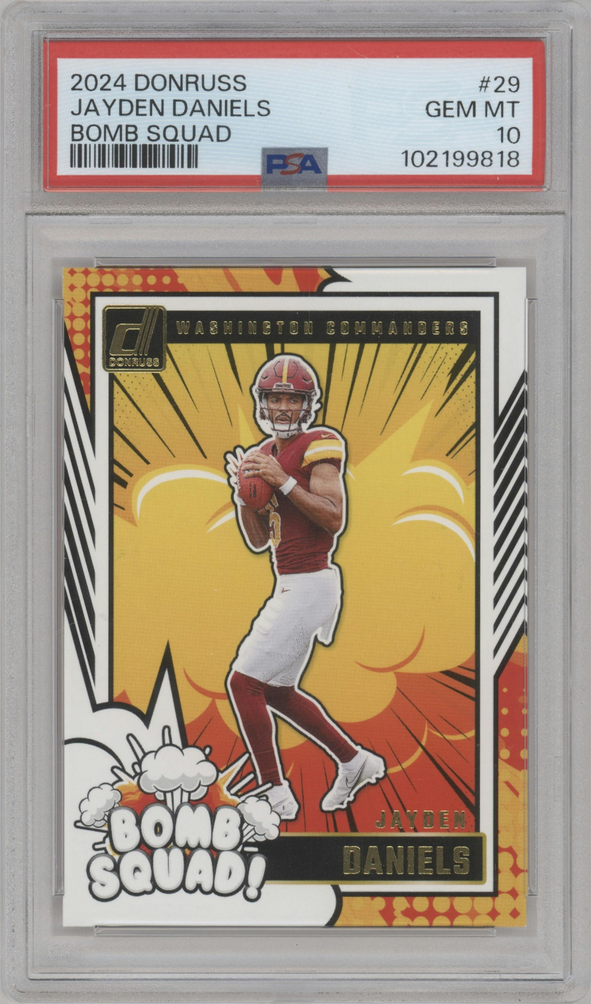 Jayden Daniels from the 2024 Donruss set graded by PSA and given an overall grade of 10.