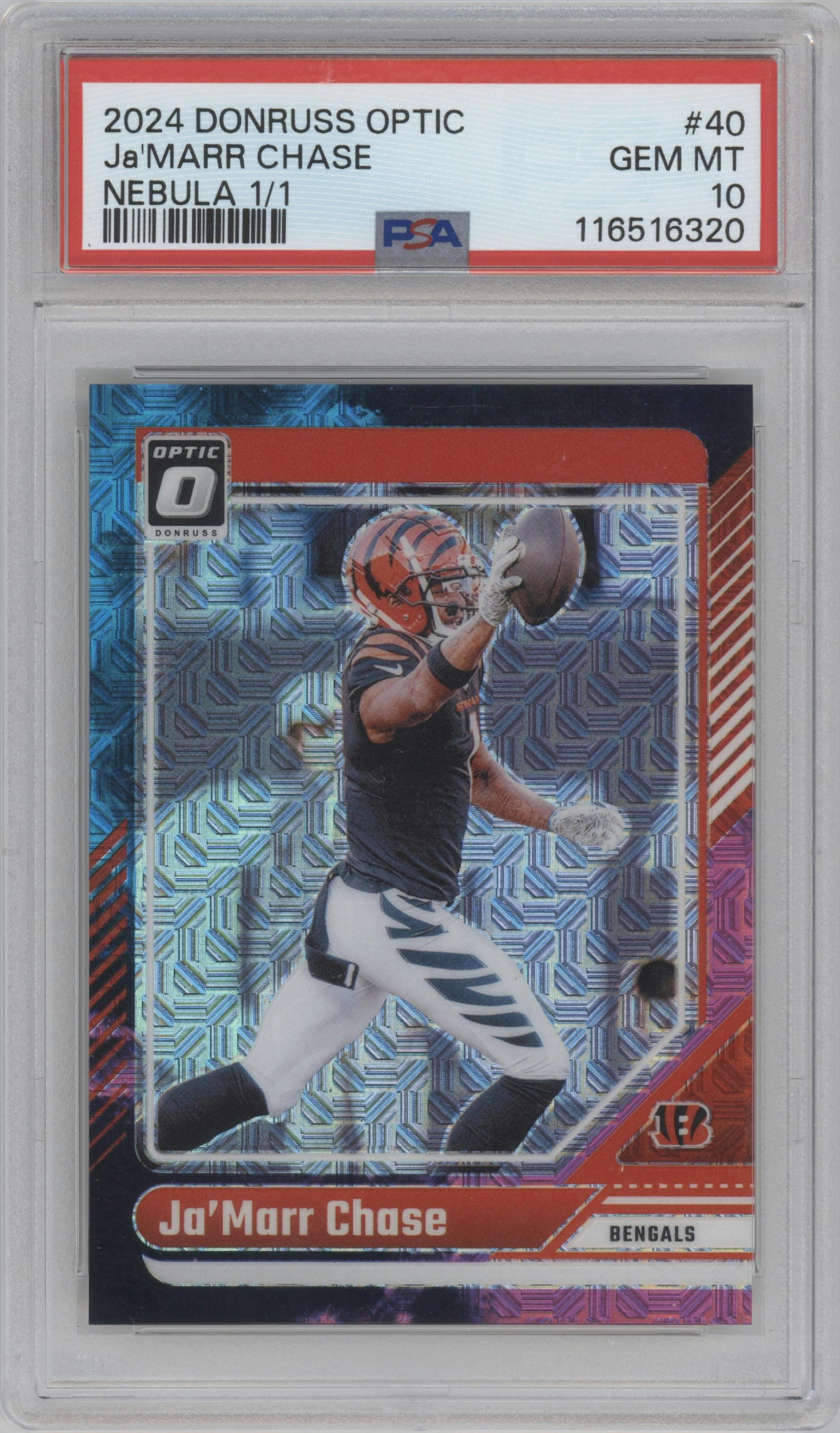 Ja'Marr Chase from the 2024 Donruss Optic set featuring a Nebula parallel graded by PSA and given an overall grade of 10.