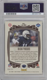Micah Parsons from the 2021 Panini Legacy set featuring a Yellow Diamond parallel graded by PSA and given an overall grade of 9.