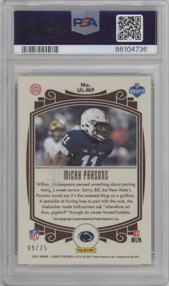 Micah Parsons from the 2021 Panini Legacy set featuring a Yellow Diamond parallel graded by PSA and given an overall grade of 9.