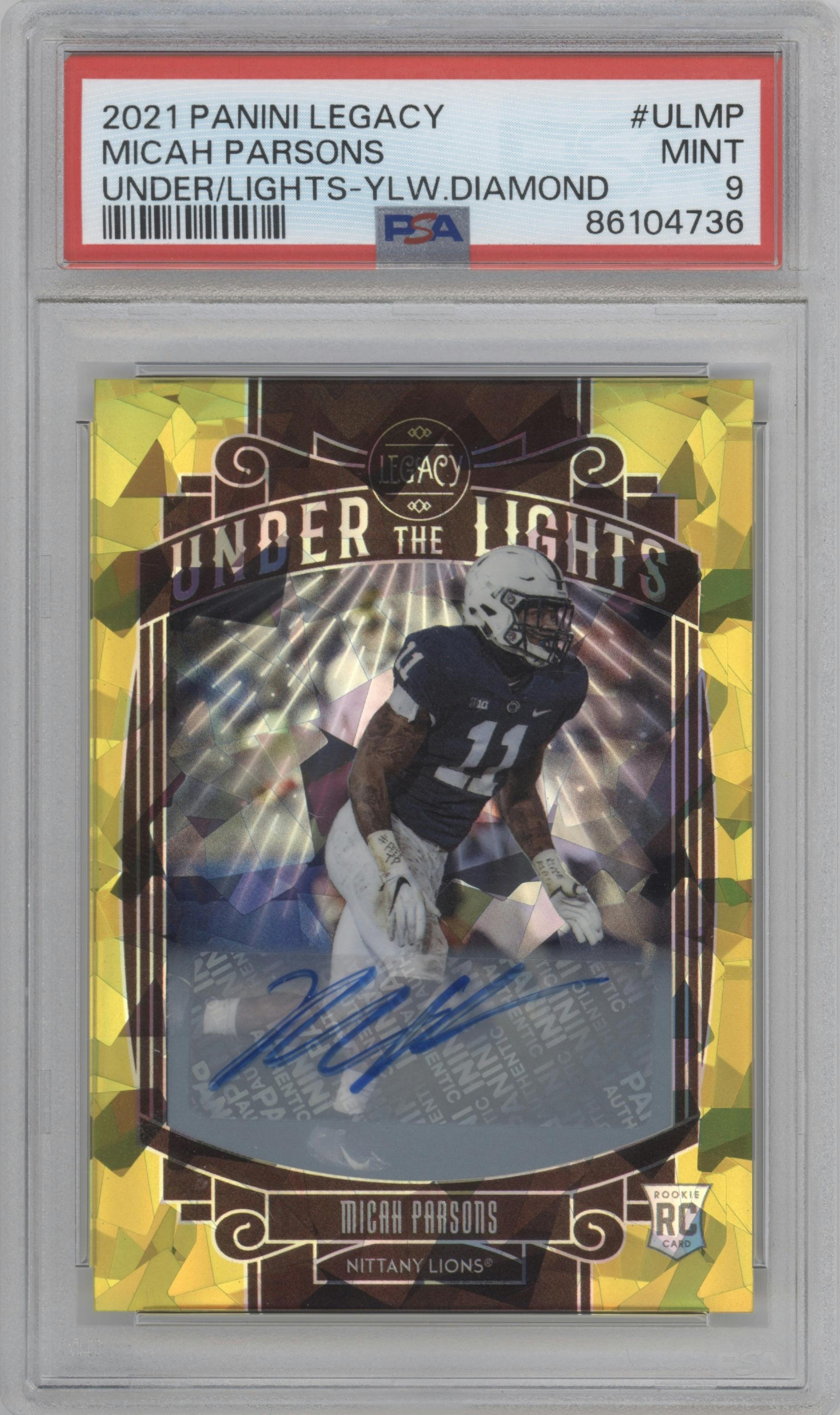 Micah Parsons from the 2021 Panini Legacy set featuring a Yellow Diamond parallel graded by PSA and given an overall grade of 9.