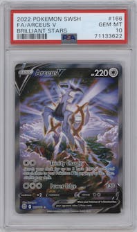 Arceus V from the 2022 Pokemon SWSH set graded by PSA and given an overall grade of 10.
