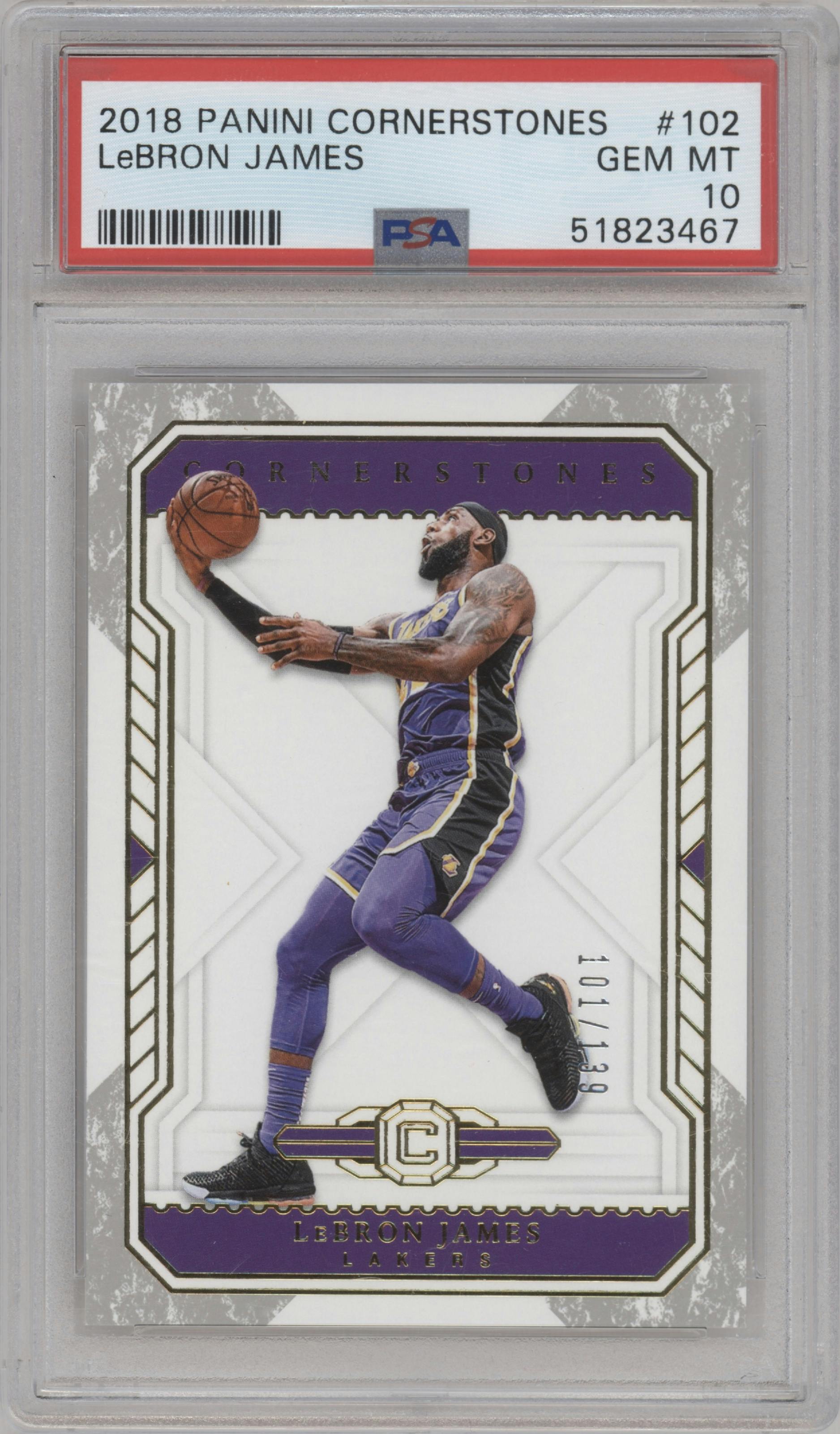 LeBron James from the 2018-19 Panini Cornerstones set graded by PSA and given an overall grade of 10.