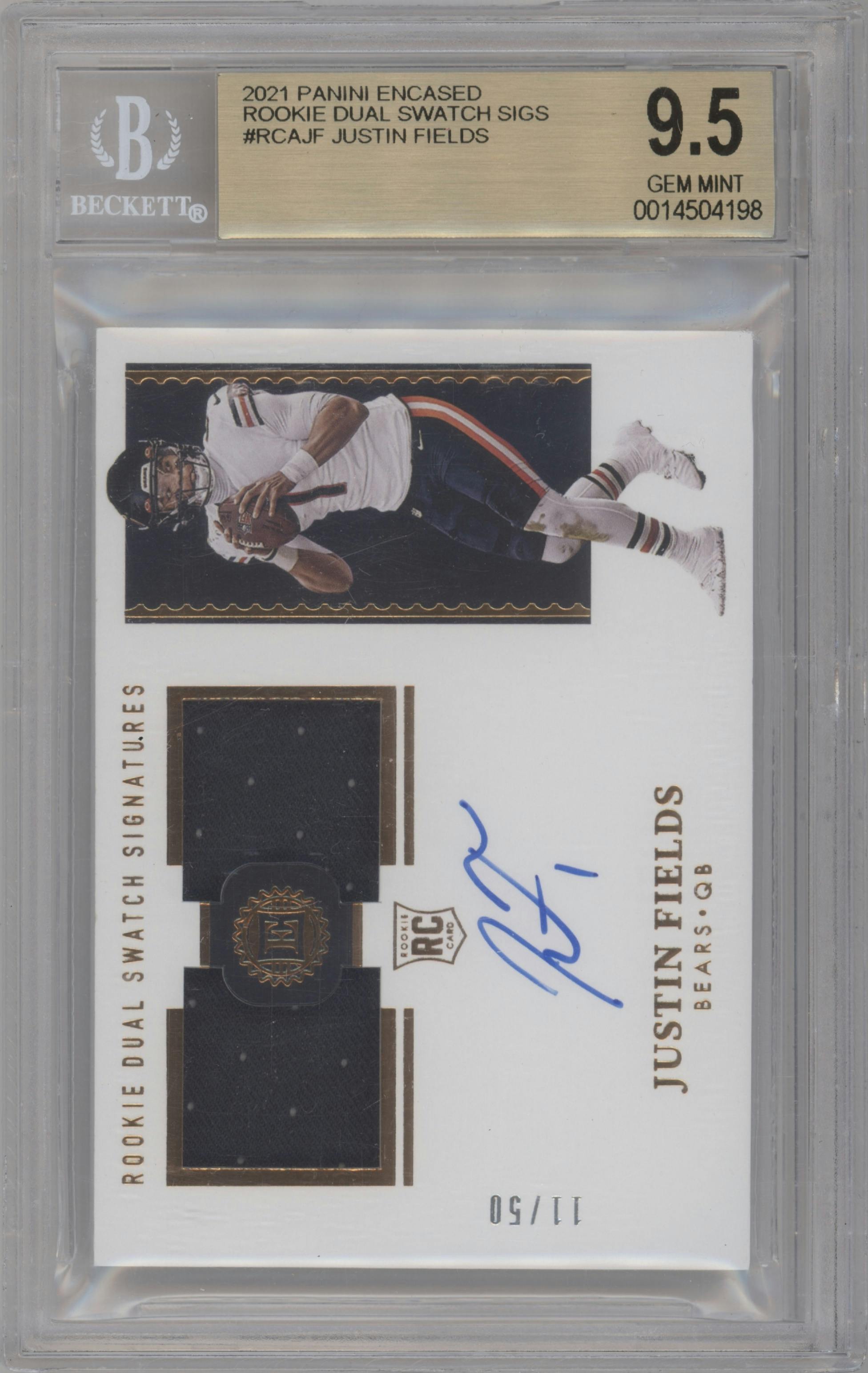 Justin Fields from the 2021 Panini Encased set graded by Beckett and given an overall grade of 9.5.