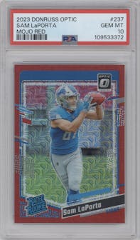 Sam LaPorta from the 2023 Donruss Optic set featuring a Red Mojo  parallel graded by PSA and given an overall grade of 10.