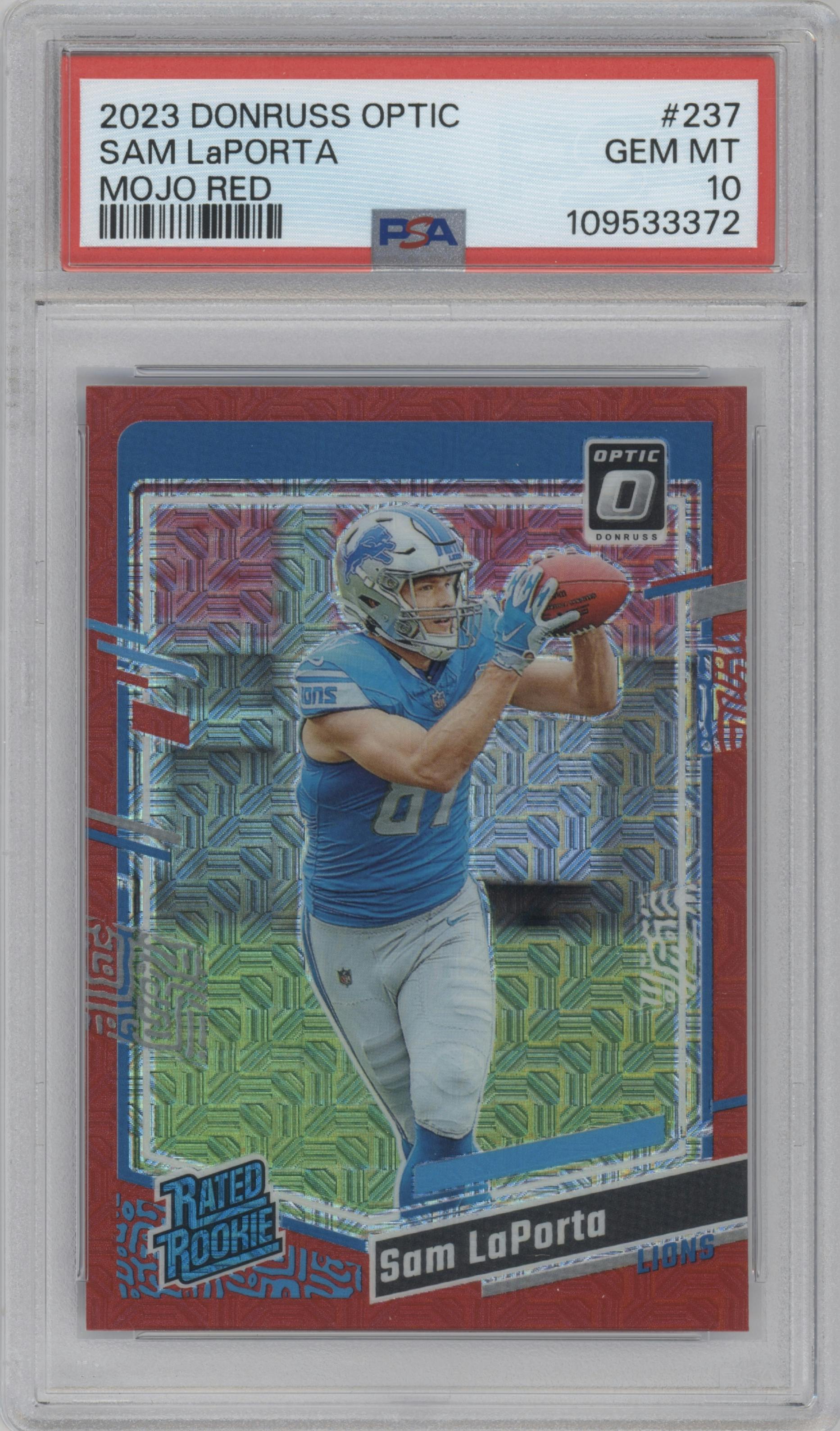 Sam LaPorta from the 2023 Donruss Optic set featuring a Red Mojo  parallel graded by PSA and given an overall grade of 10.