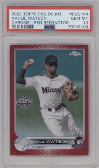 Kahlil Watson  from the 2022 Topps Pro Debut set featuring a Red Refractor parallel graded by PSA and given an overall grade of 10.