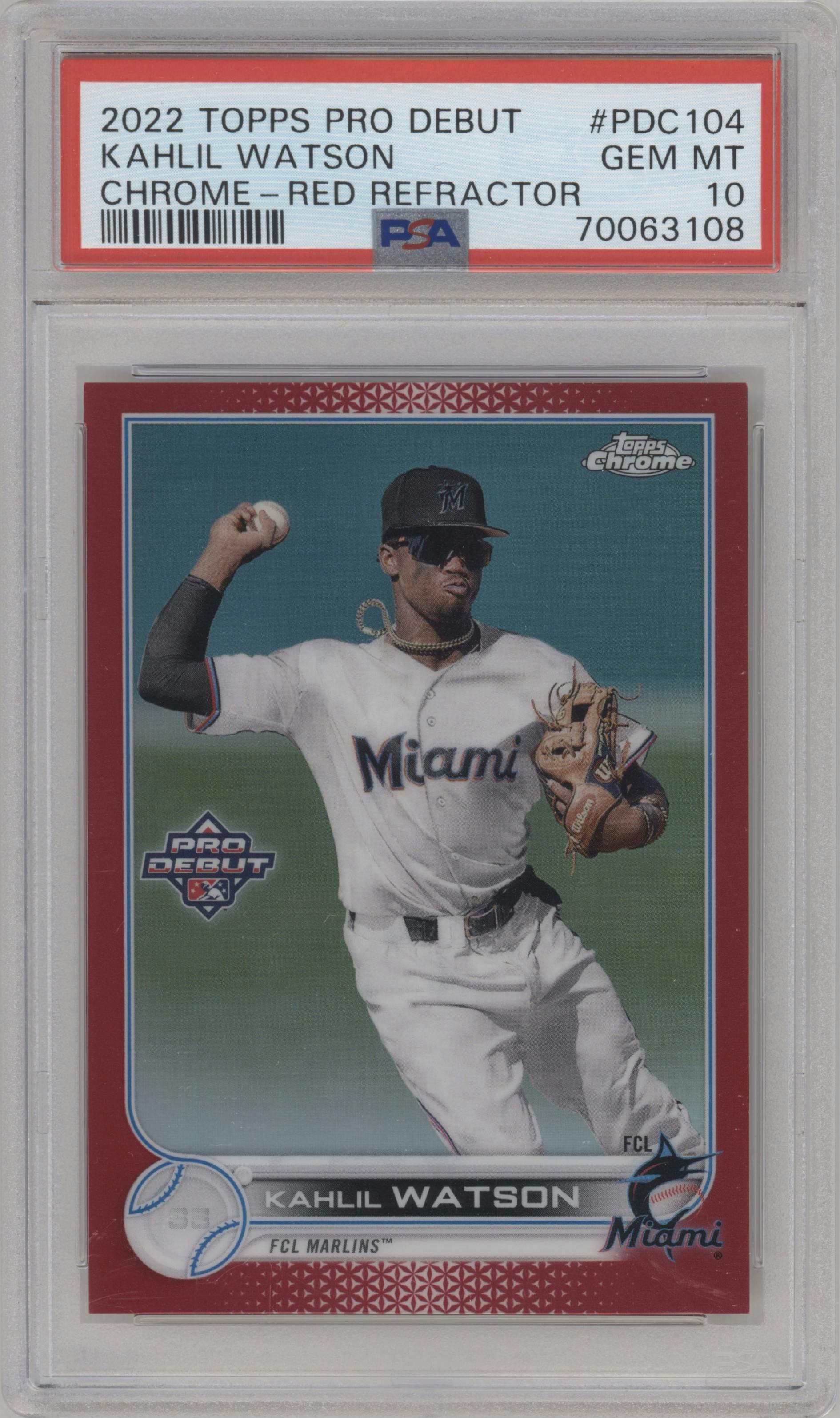 Kahlil Watson  from the 2022 Topps Pro Debut set featuring a Red Refractor parallel graded by PSA and given an overall grade of 10.