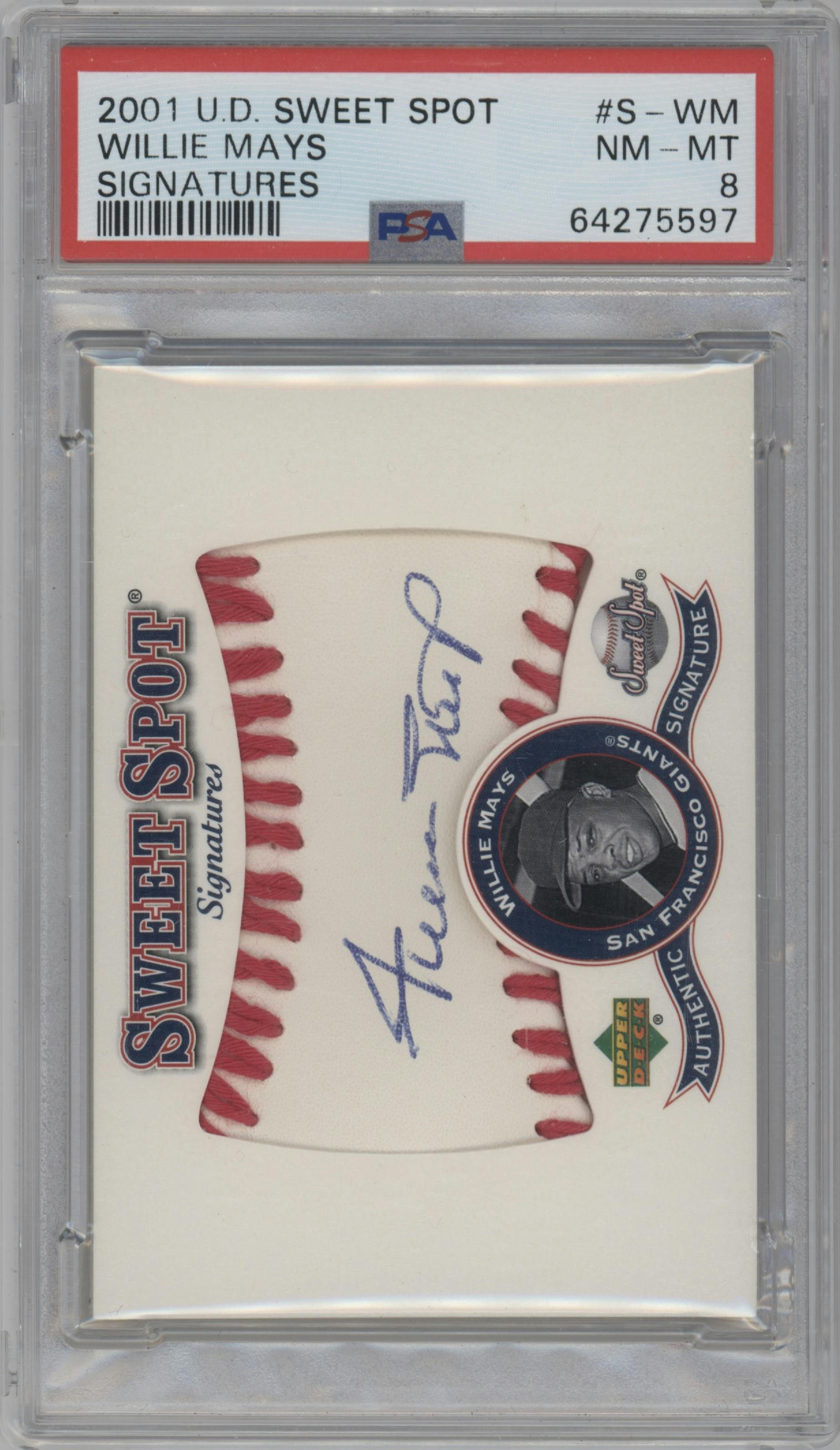 Willie Mays  from the 2001 Upper Deck Sweet Spot set graded by PSA and given an overall grade of 8.