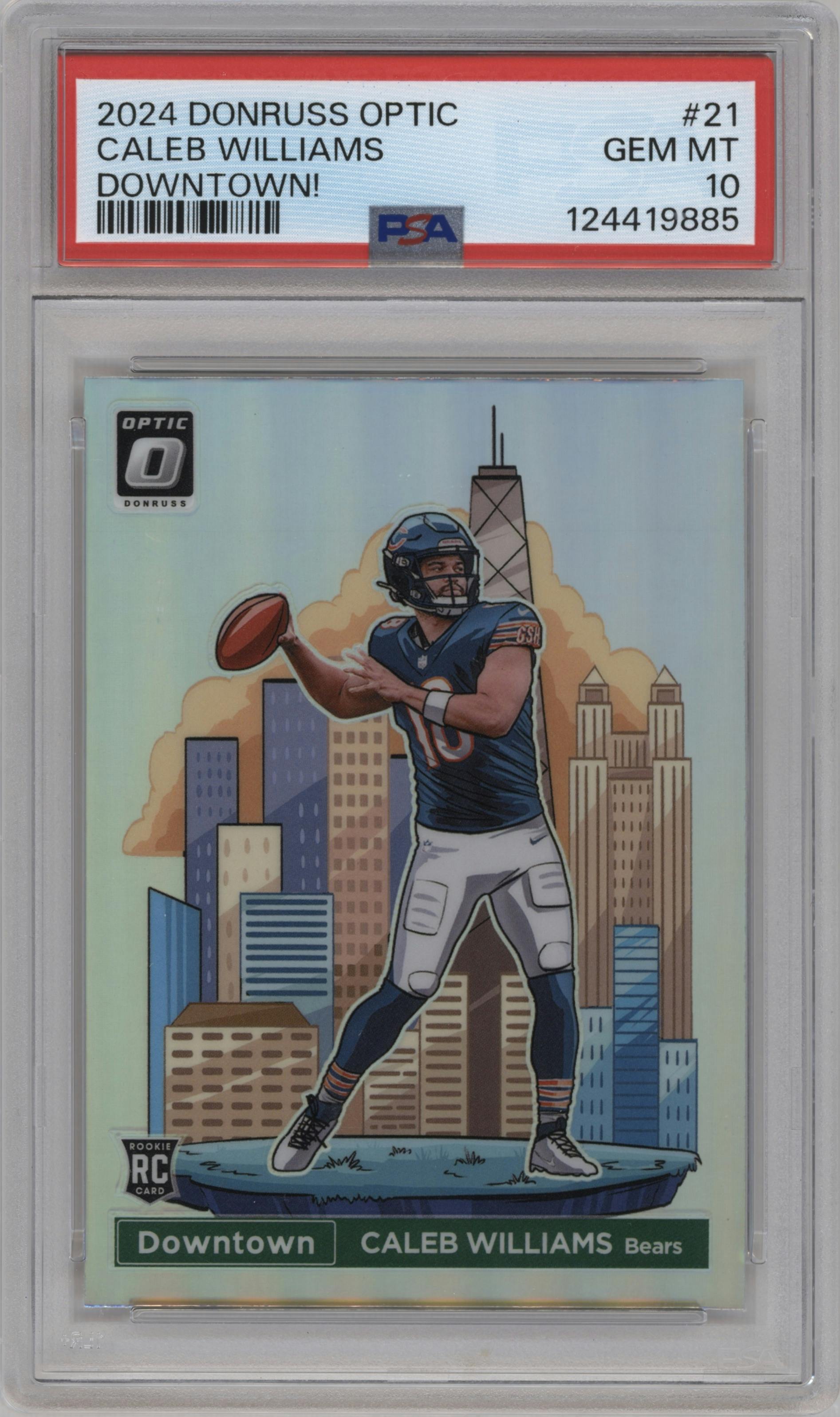 Caleb Williams from the 2024 Donruss Optic set graded by PSA and given an overall grade of 10.
