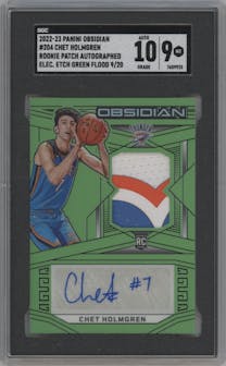 Chet Holmgren from the 2022-23 Panini Obsidian set featuring a Electric Etch Green Flood parallel graded by SGC and given an overall grade of 9.