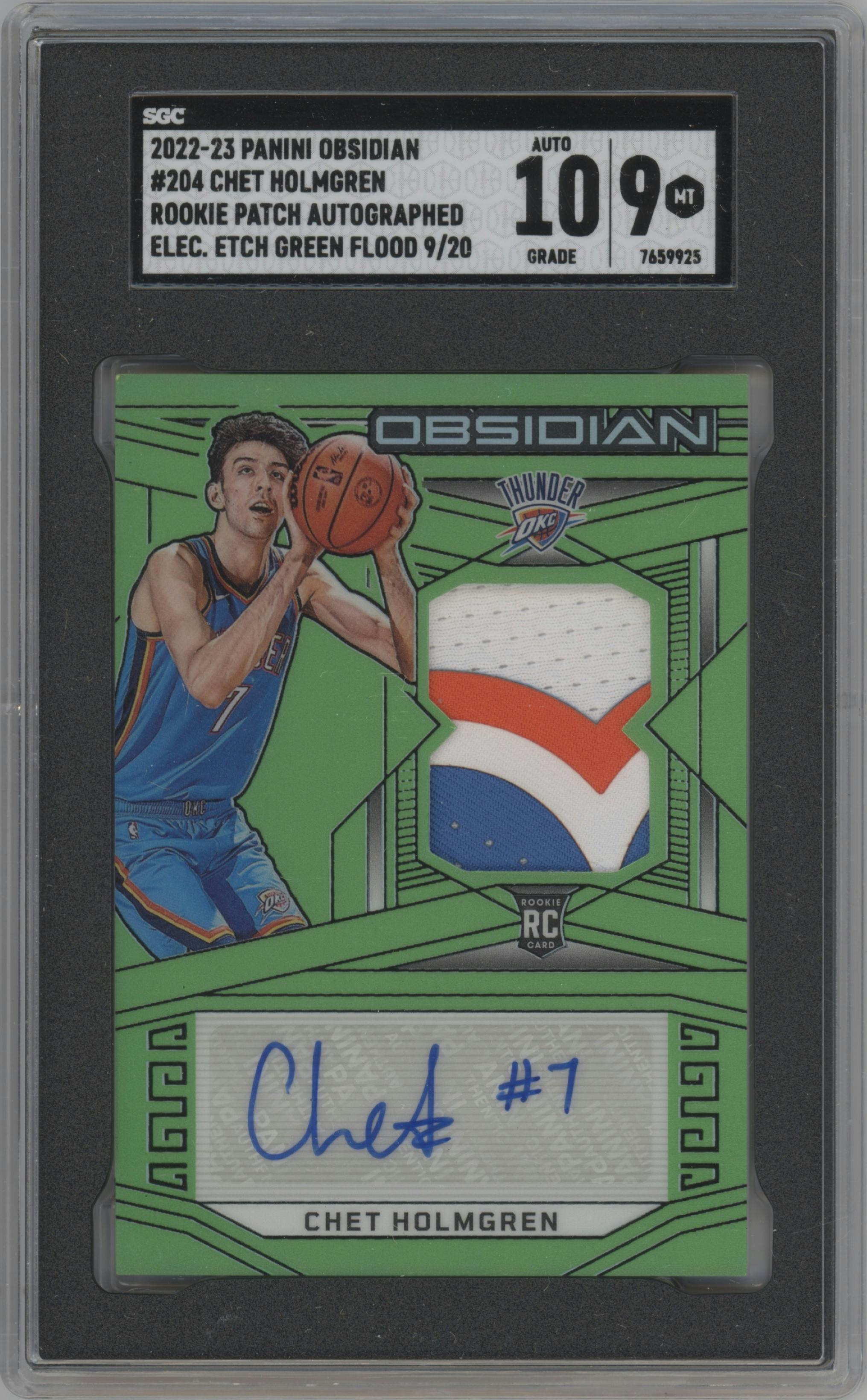 Chet Holmgren from the 2022-23 Panini Obsidian set featuring a Electric Etch Green Flood parallel graded by SGC and given an overall grade of 9.