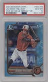 Jackson Holliday from the 2022 Bowman Draft set featuring a Sky Blue Refractor parallel graded by PSA and given an overall grade of 10.
