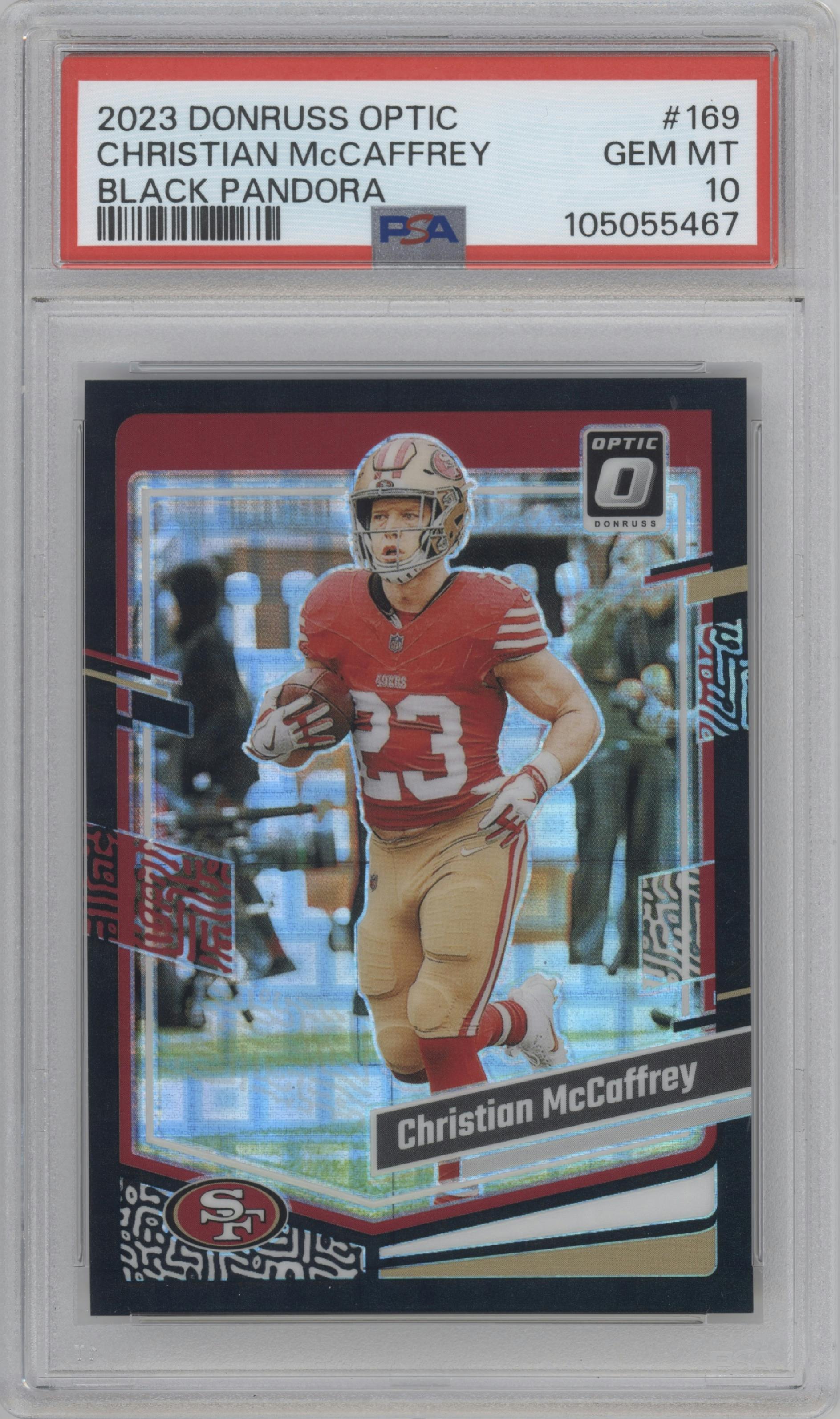 Christian McCaffrey from the 2023 Donruss Optic set featuring a Black Pandora parallel graded by PSA and given an overall grade of 10.