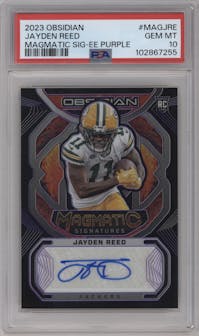 Jayden Reed  from the 2023 Panini Obsidian set featuring a Electric Etch Purple parallel graded by PSA and given an overall grade of 10.