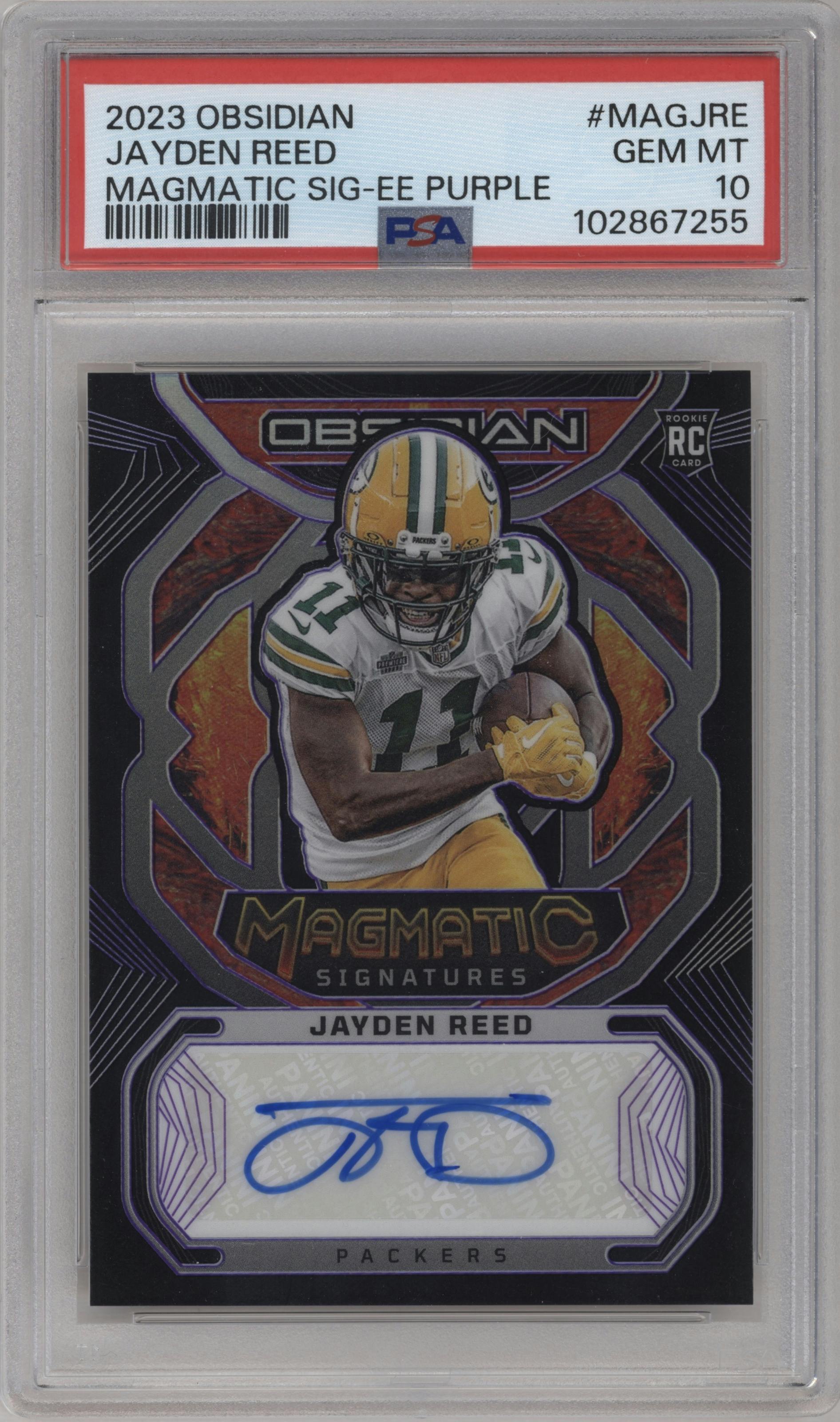 Jayden Reed  from the 2023 Panini Obsidian set featuring a Electric Etch Purple parallel graded by PSA and given an overall grade of 10.