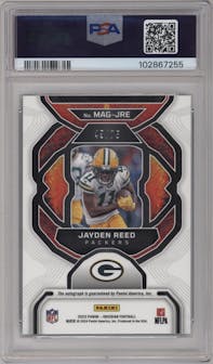 Jayden Reed  from the 2023 Panini Obsidian set featuring a Electric Etch Purple parallel graded by PSA and given an overall grade of 10.