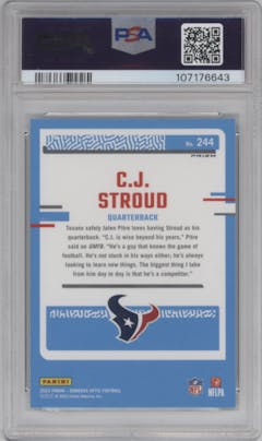 C.J. Stroud from the 2023 Donruss Optic set featuring a Green Velocity parallel graded by PSA and given an overall grade of 10.