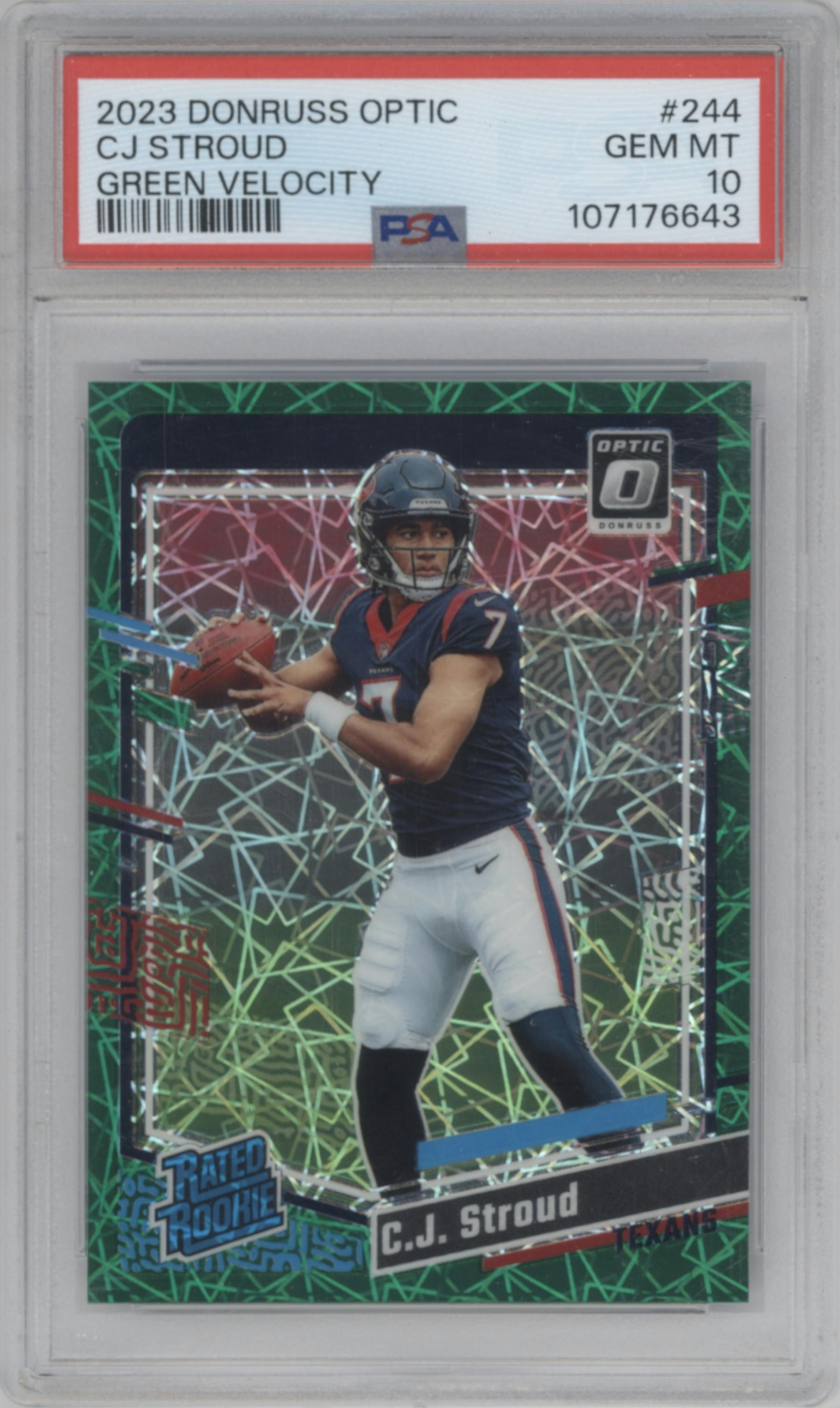 C.J. Stroud from the 2023 Donruss Optic set featuring a Green Velocity parallel graded by PSA and given an overall grade of 10.