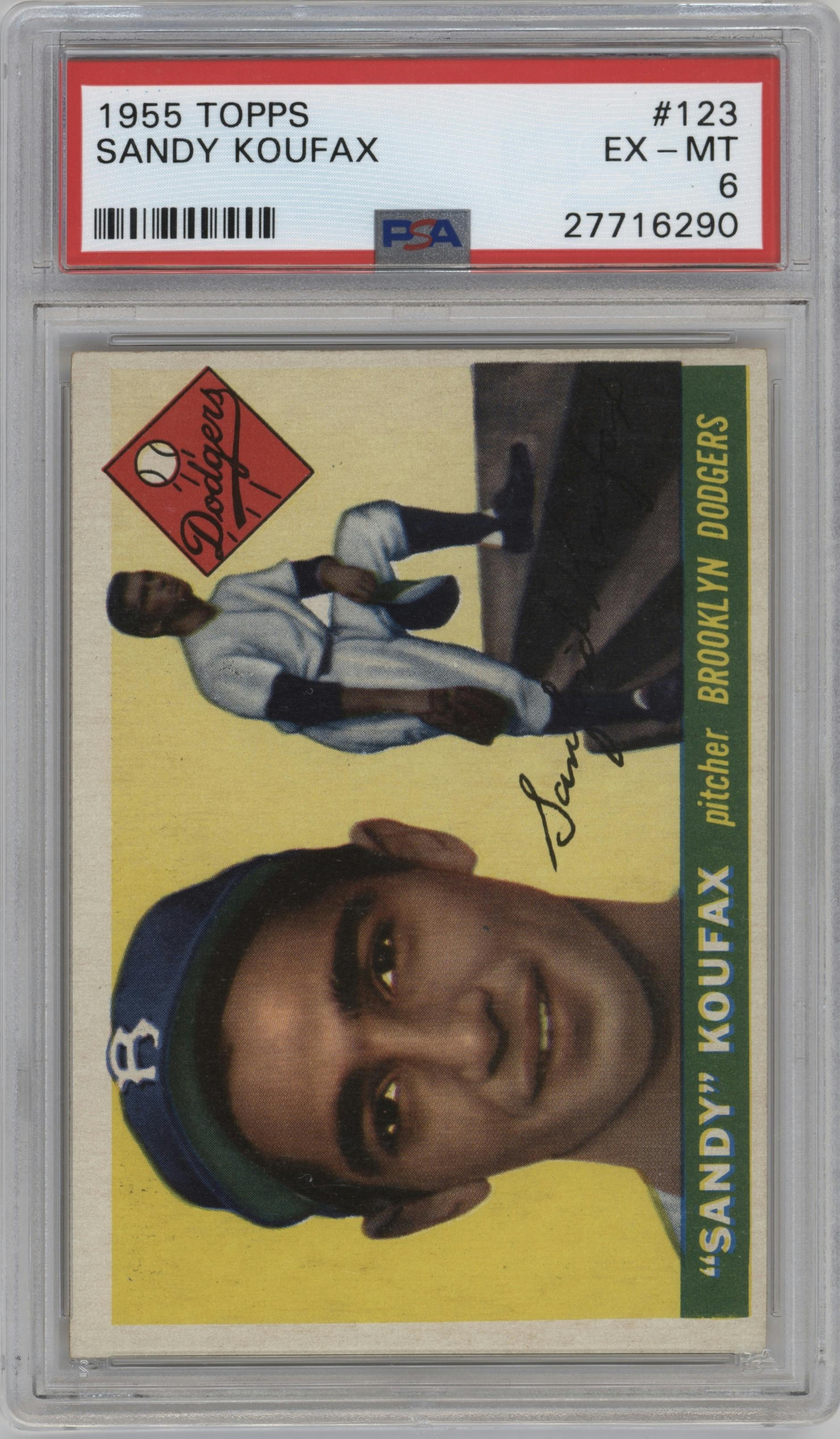 Sandy Koufax from the 1955 Topps set graded by PSA and given an overall grade of 6.