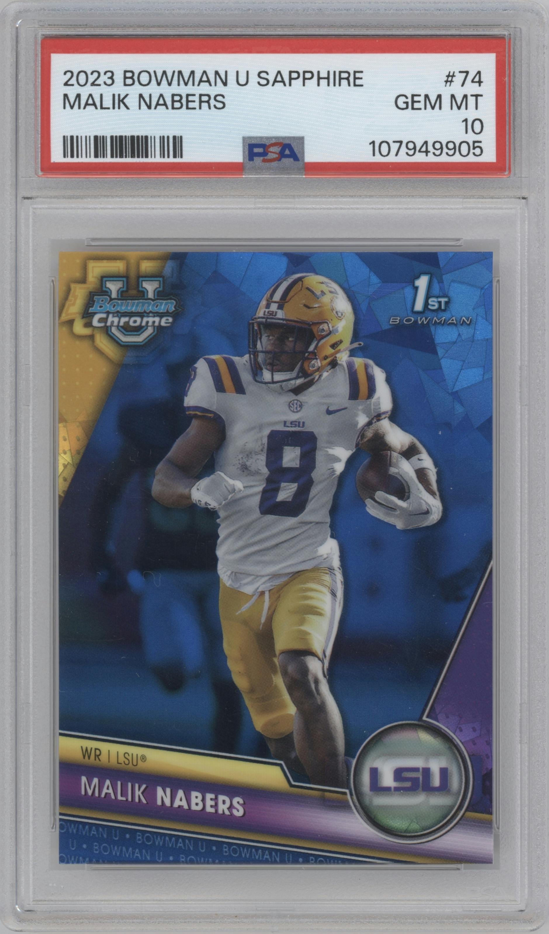 Malik Nabers from the 2023 Bowman Chrome University Sapphire Edition set graded by PSA and given an overall grade of 10.