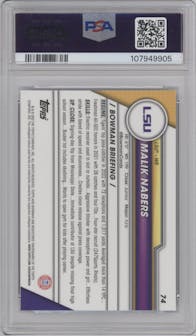 Malik Nabers from the 2023 Bowman Chrome University Sapphire Edition set graded by PSA and given an overall grade of 10.