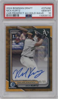 Nick Kurtz from the 2024 Bowman Draft set featuring a Gold Wave Refractor parallel graded by PSA and given an overall grade of 10.