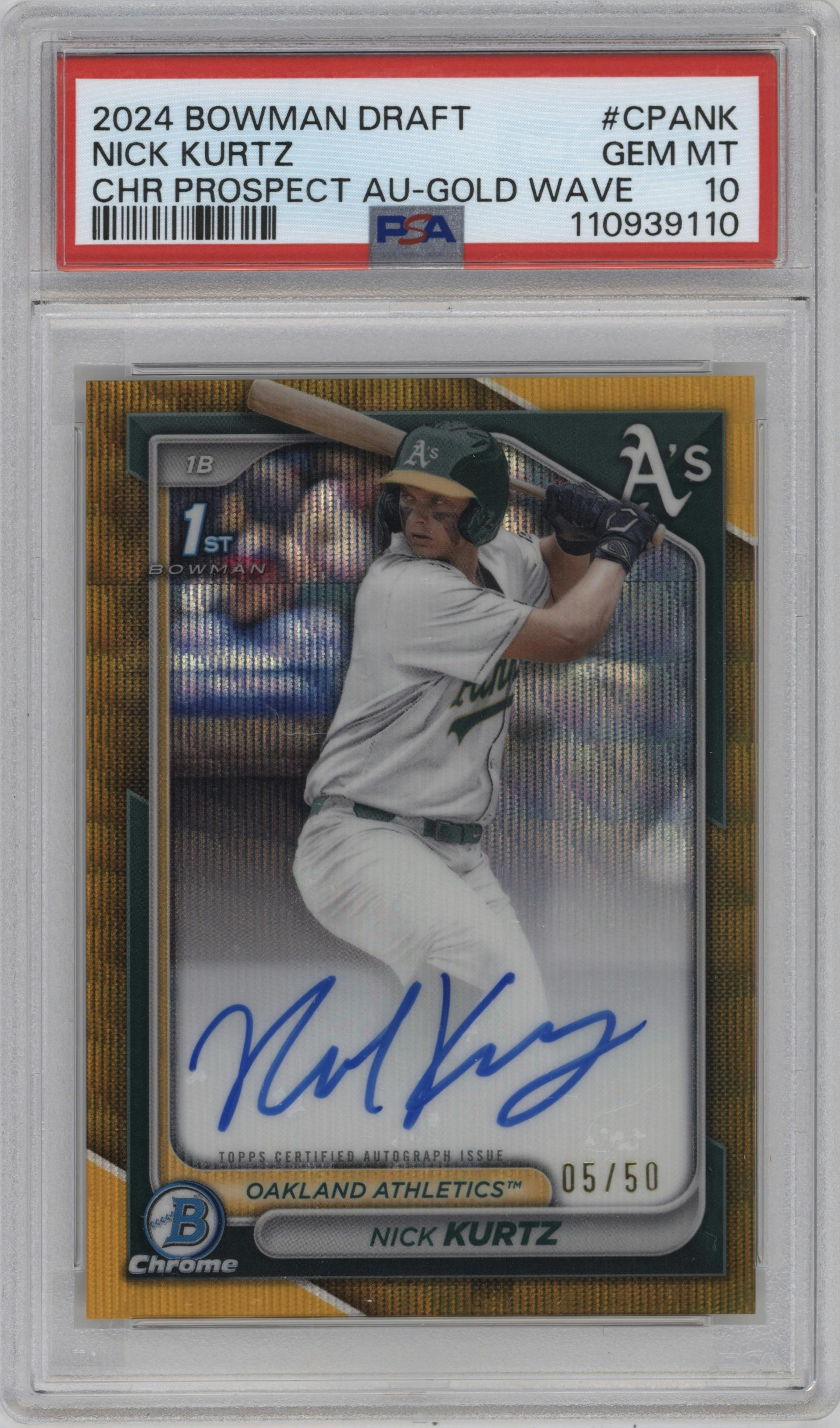 Nick Kurtz from the 2024 Bowman Draft set featuring a Gold Wave Refractor parallel graded by PSA and given an overall grade of 10.