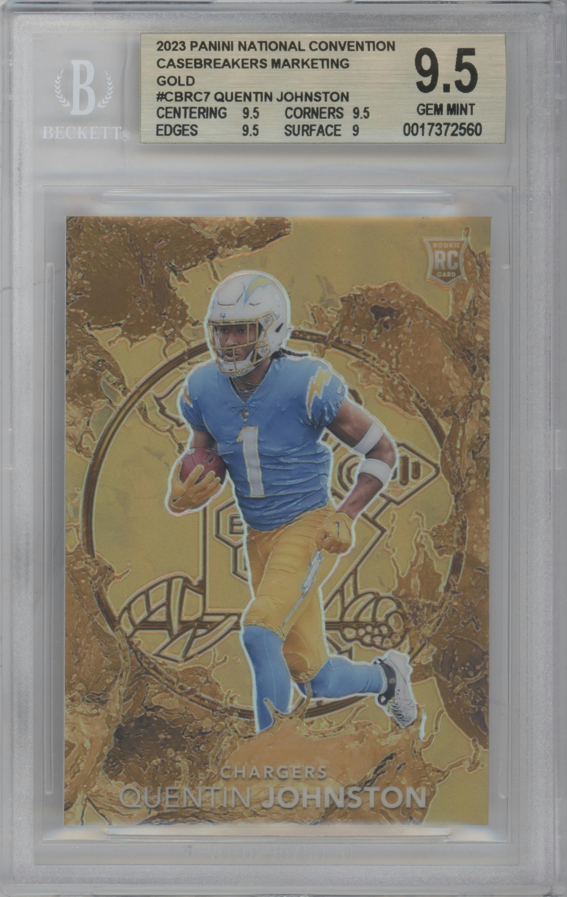Quentin Johnston from the 2023 Panini The National VIP set featuring a Gold parallel graded by Beckett and given an overall grade of 9.5.