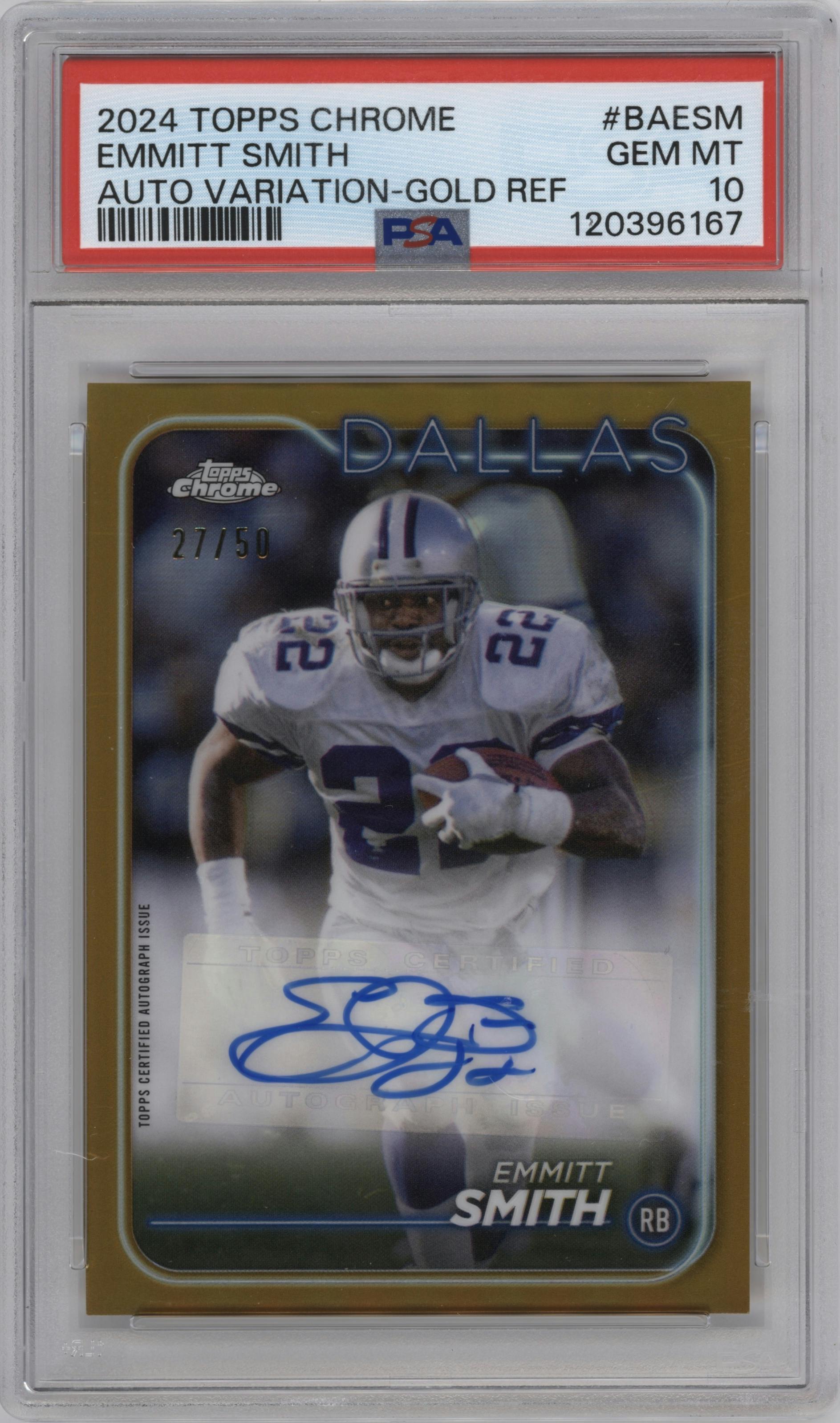 Emmitt Smith from the 2024 Topps Chrome set featuring a Gold Refractor parallel graded by PSA and given an overall grade of 10.