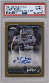 Emmitt Smith from the 2024 Topps Chrome set featuring a Gold Refractor parallel graded by PSA and given an overall grade of 10.