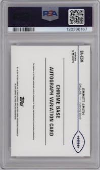 Emmitt Smith from the 2024 Topps Chrome set featuring a Gold Refractor parallel graded by PSA and given an overall grade of 10.