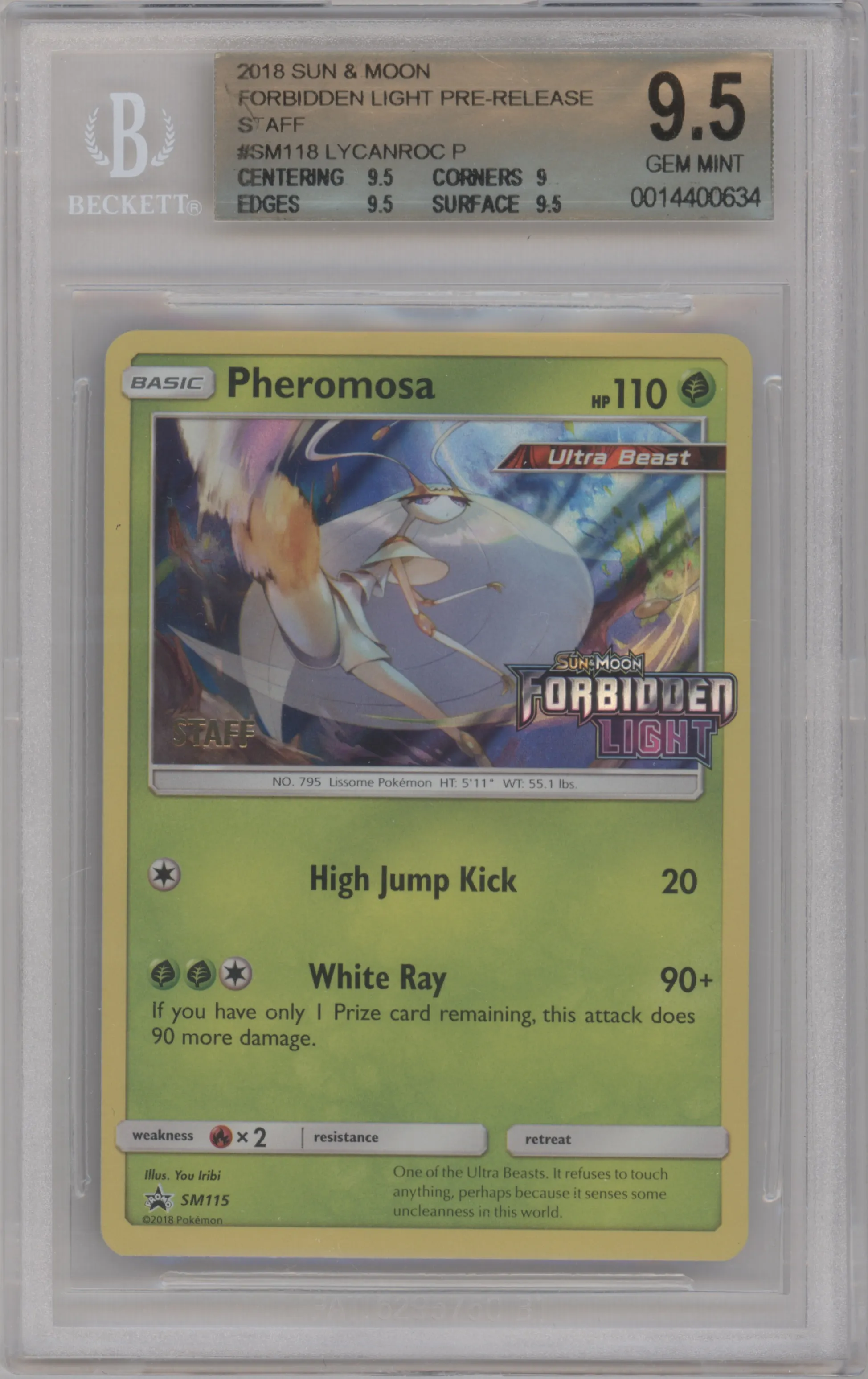 2018 Pokemon S&M Pheromosa Forbidden Light Prerelease Staff BGS 9.5