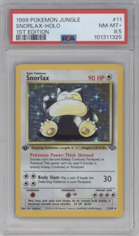 Snorlax from the 1999 Pokemon set graded by PSA and given an overall grade of 8.5.