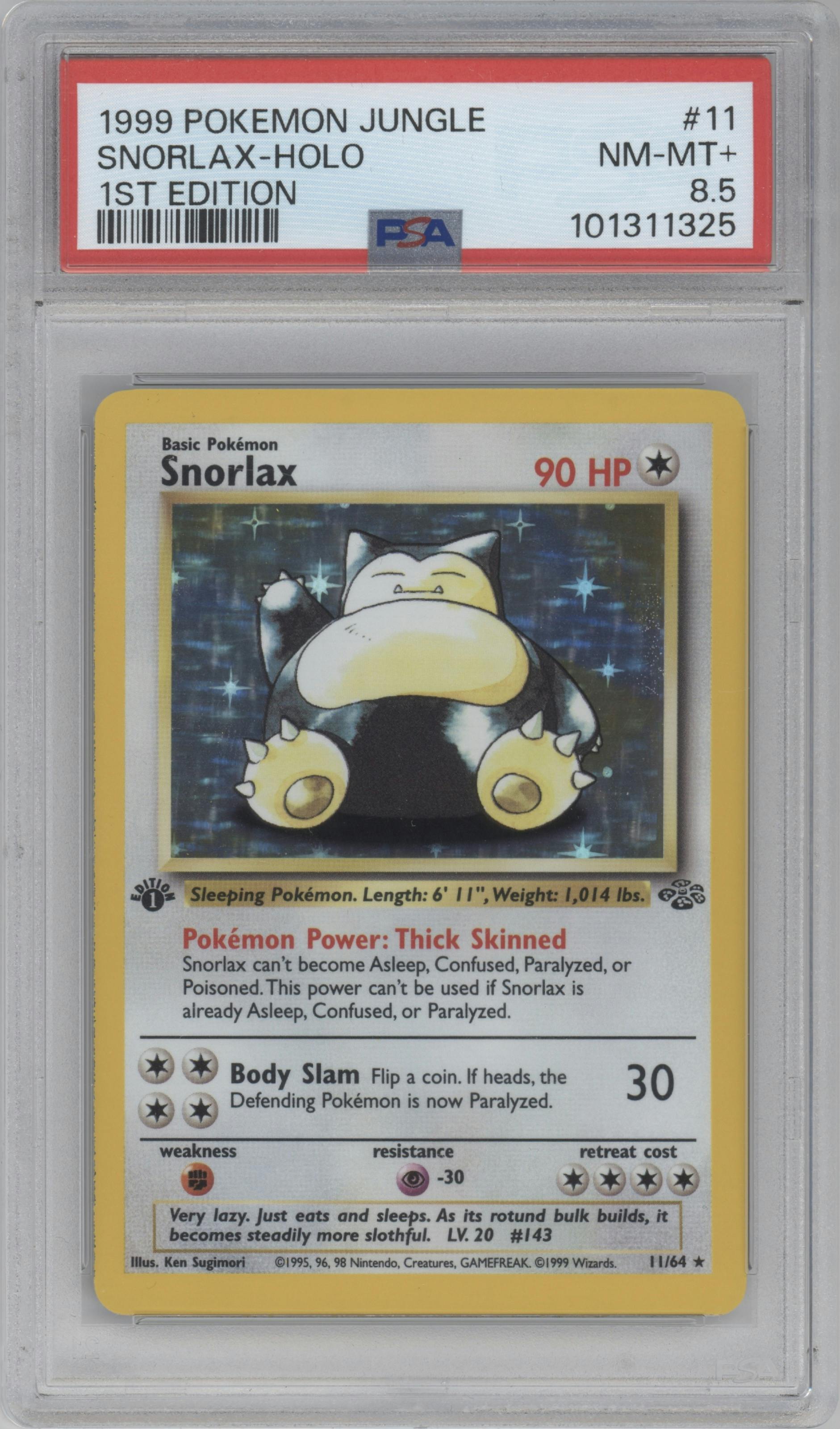 Snorlax from the 1999 Pokemon set graded by PSA and given an overall grade of 8.5.