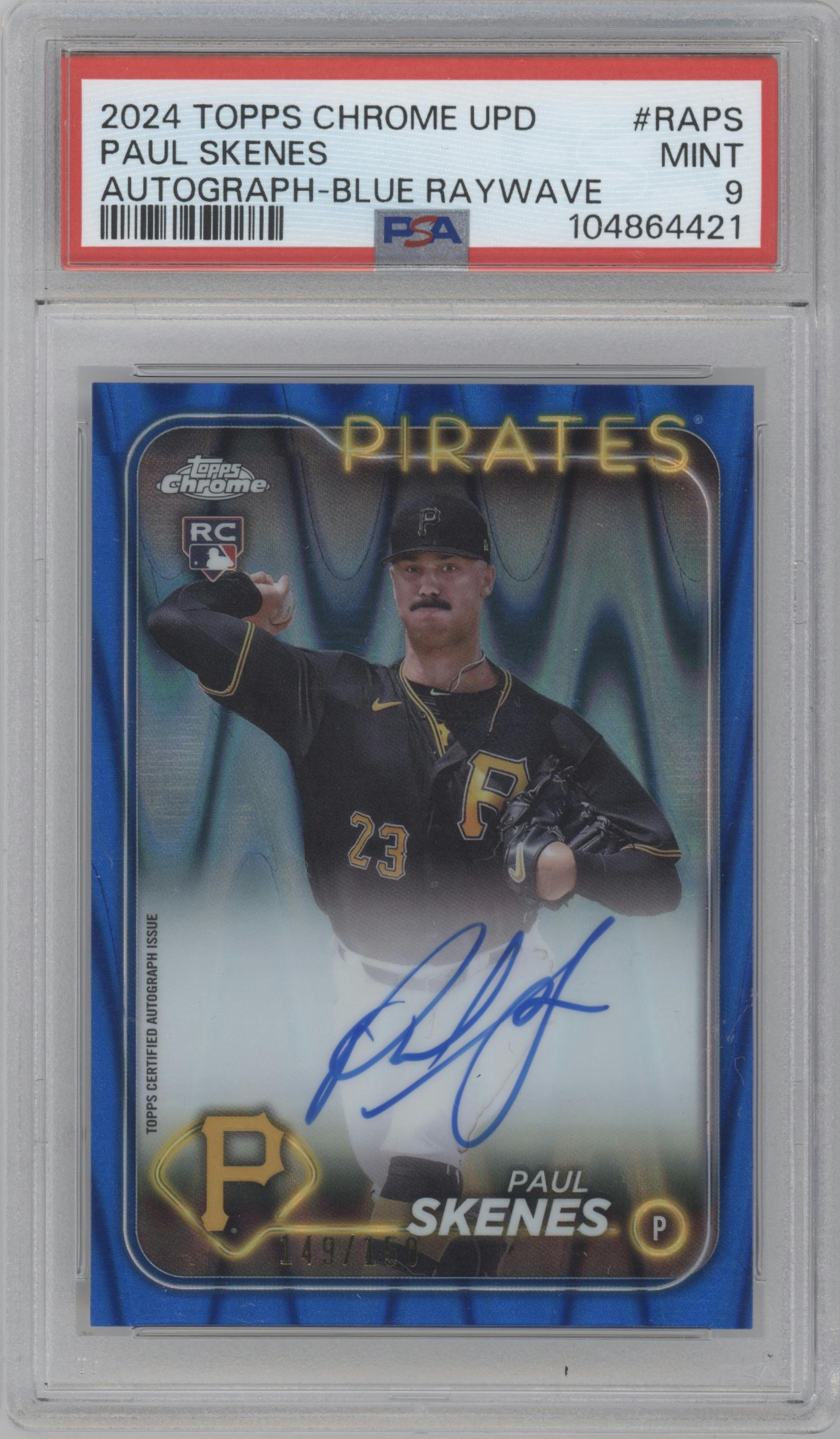 Paul Skenes from the 2024 Topps Chrome Update set featuring a Blue RayWave Refractor parallel graded by PSA and given an overall grade of 9.