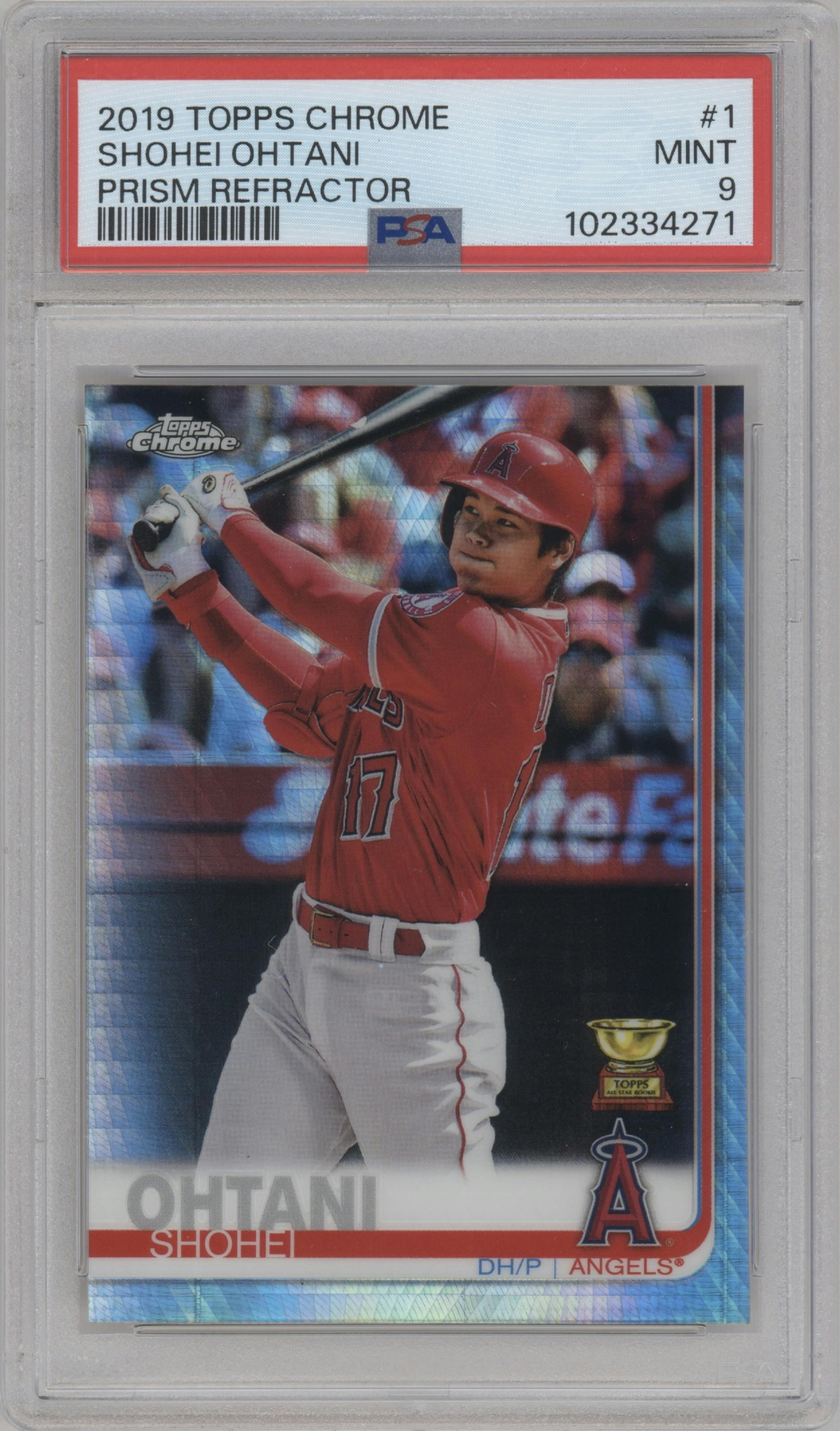 Shohei Ohtani from the 2019 Topps Chrome set featuring a Prism Refractor  parallel graded by PSA and given an overall grade of 9.