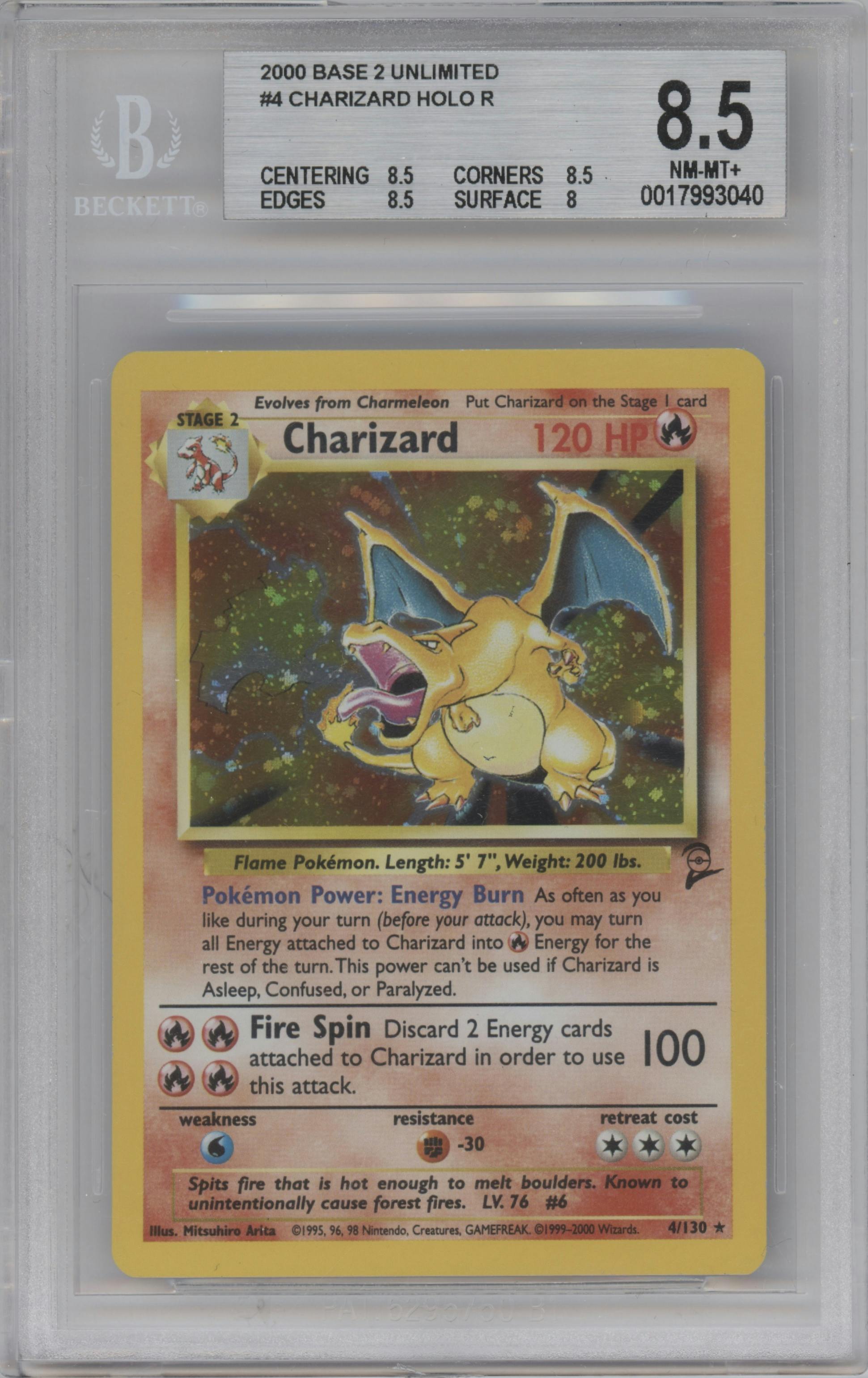 Charizard from the 2000 Pokemon set graded by Beckett and given an overall grade of 8.5.