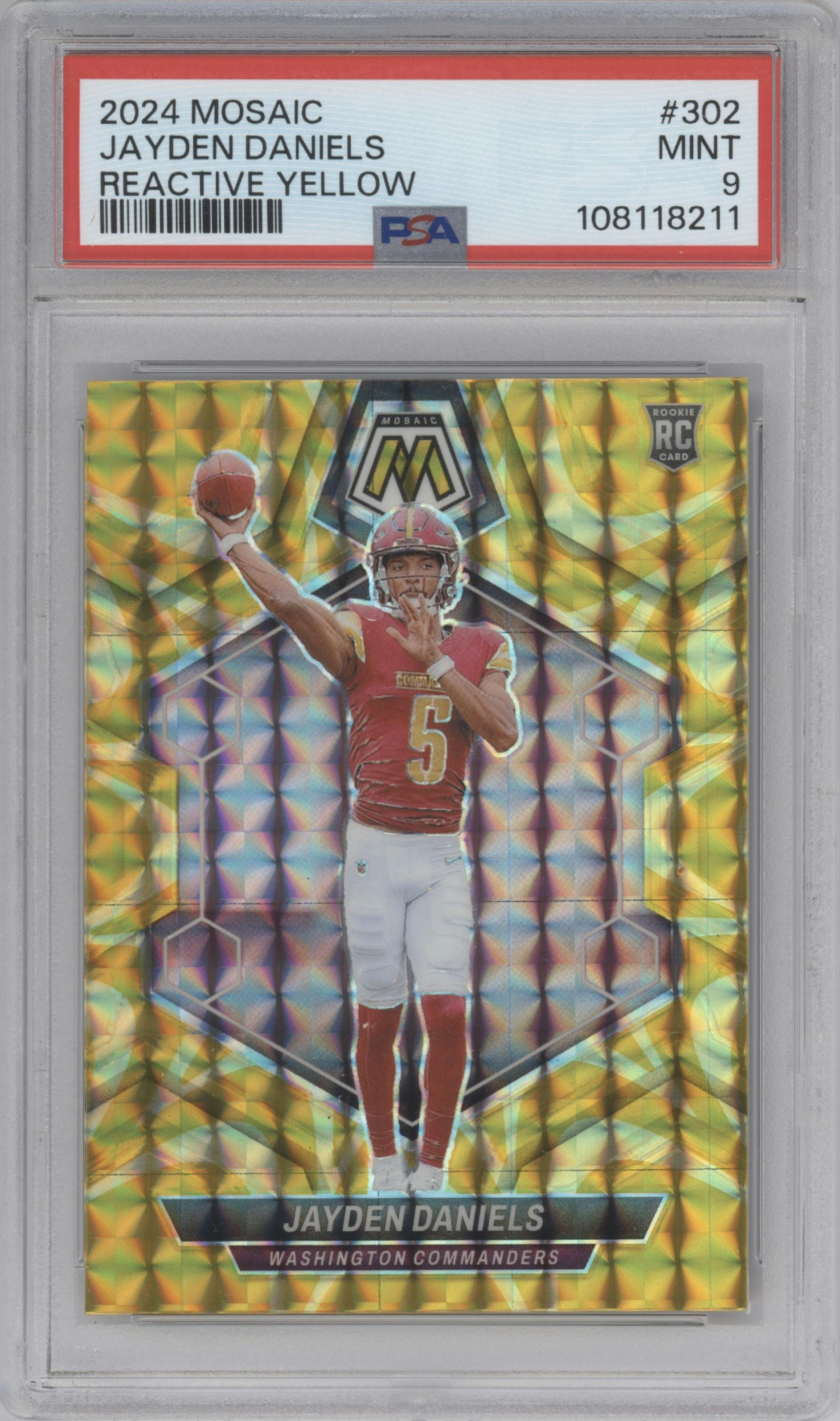 Jayden Daniels from the 2024 Panini Mosaic set featuring a Reactive Yellow parallel graded by PSA and given an overall grade of 9.