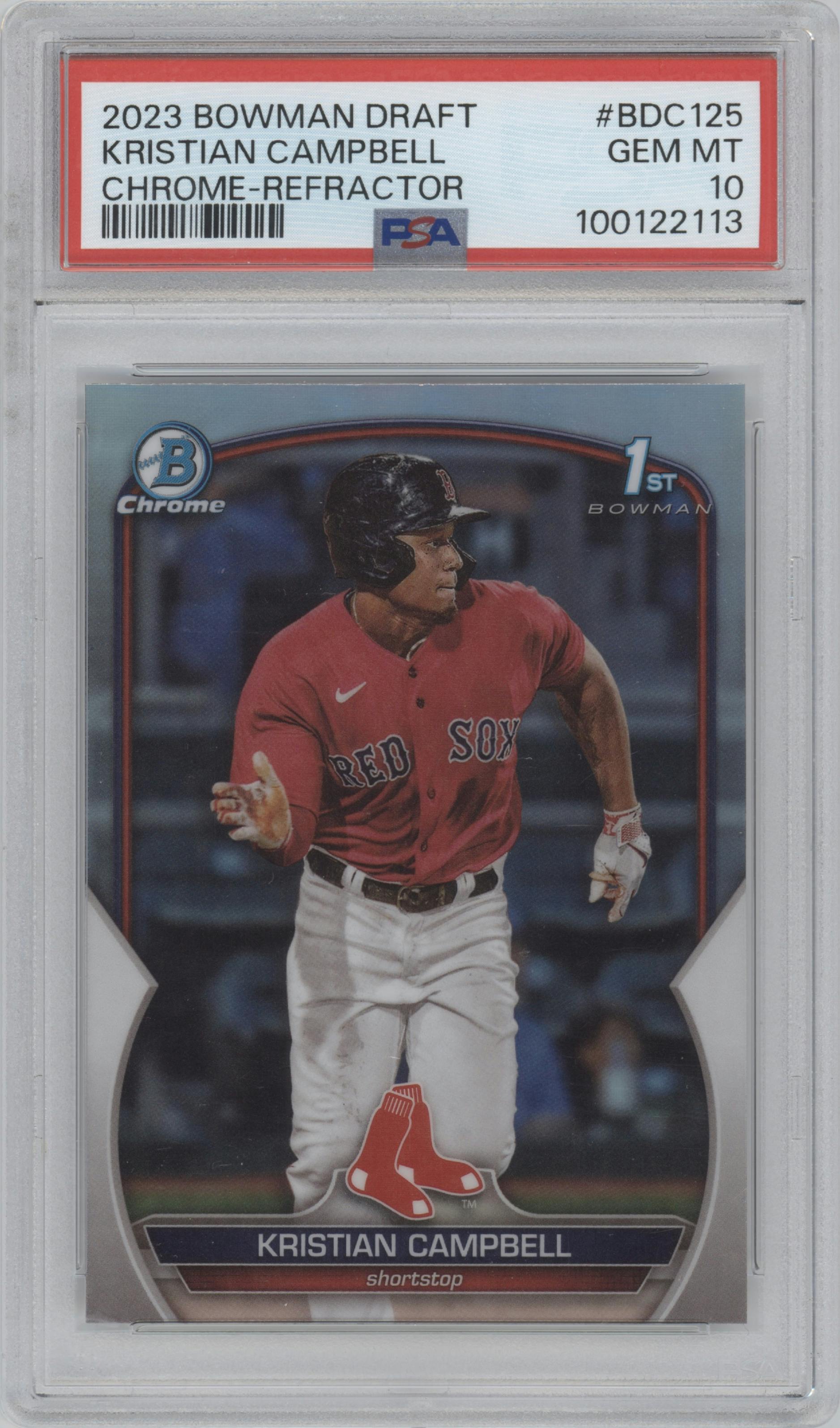Kristian Campbell from the 2023 Bowman Draft set featuring a Refractor parallel graded by PSA and given an overall grade of 10.