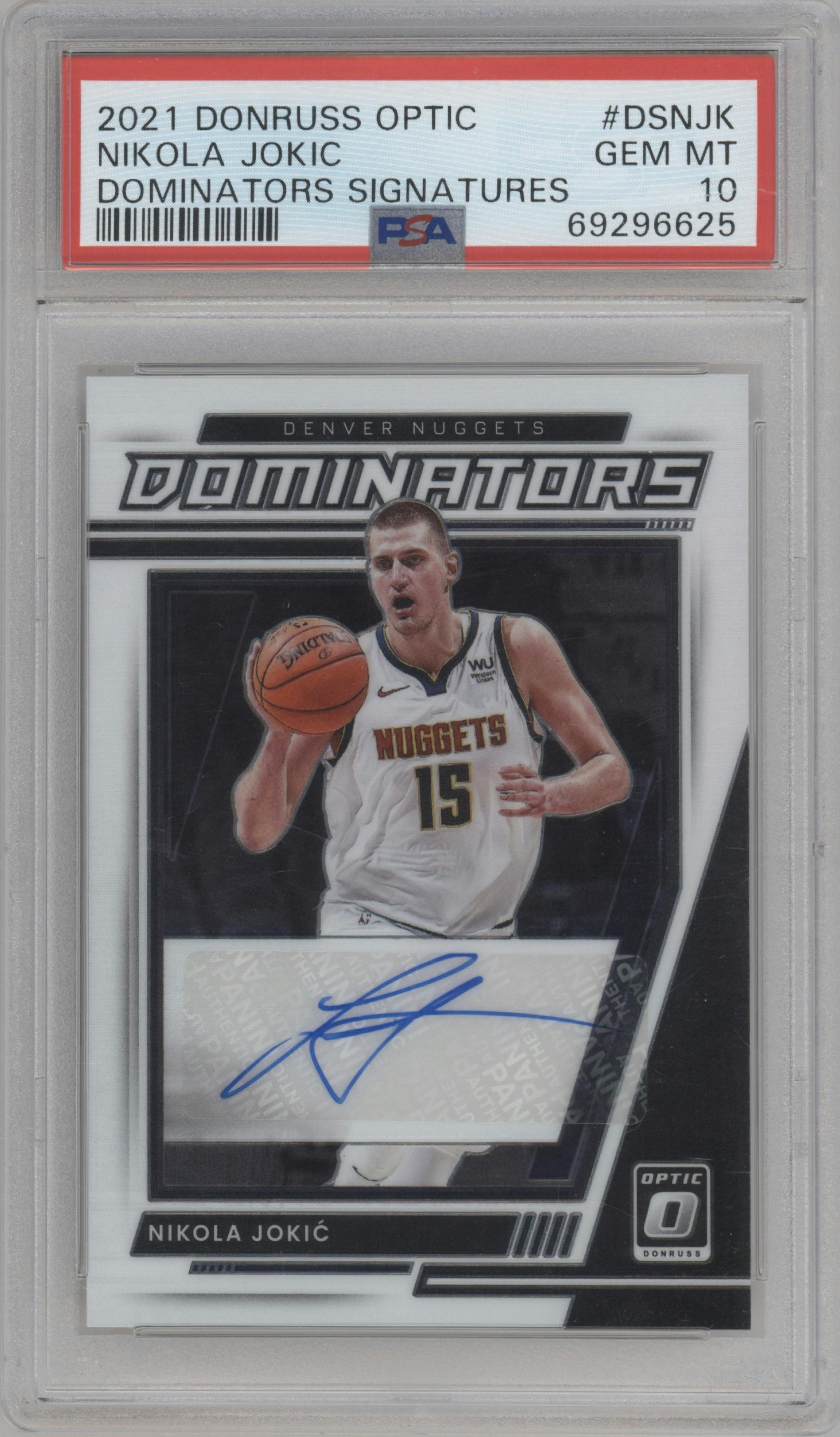 Nikola Jokic from the 2021-22 Panini Donruss Optic set graded by PSA and given an overall grade of 10.